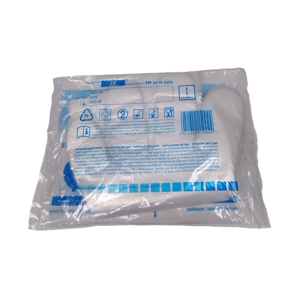Verpackung mit weißen Plastikhandschuhen. Rückseite mit Symbolen und Text. Aufdruck: medical industry.