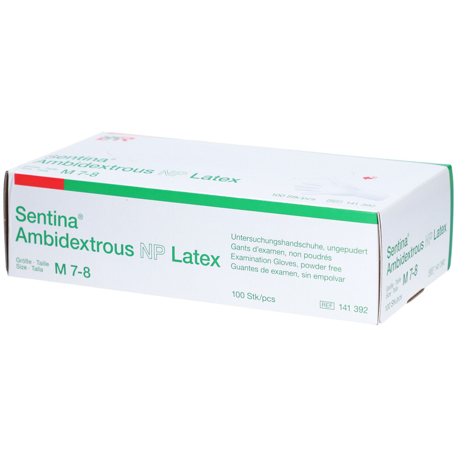 Verpackung mit SENTINA Ambidextrous NP Latex Handschuhen, Größe M 7-8. 100 Stück.