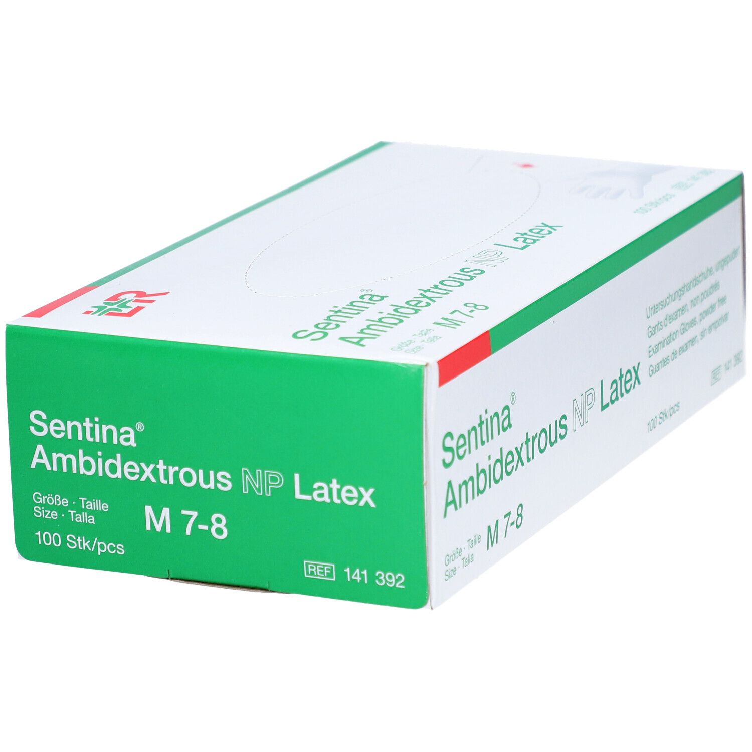 Verpackung mit SENTINA Ambidextrous NP Latex Handschuhen, Größe M 7-8. 100 Stück.