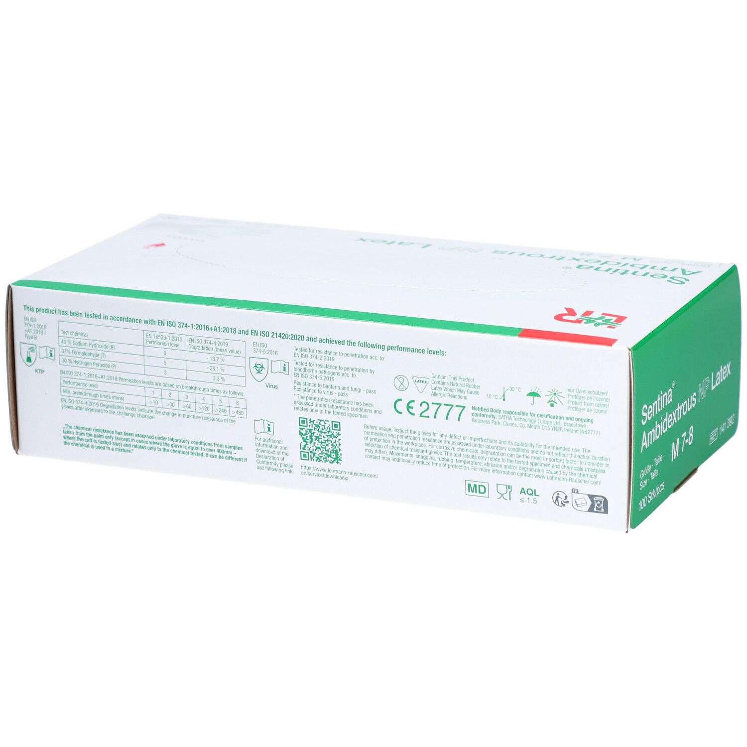 Rückseite der Verpackung mit SENTINA Ambidextrous NP Latex Handschuhen. Informationen und Zertifizierungen.