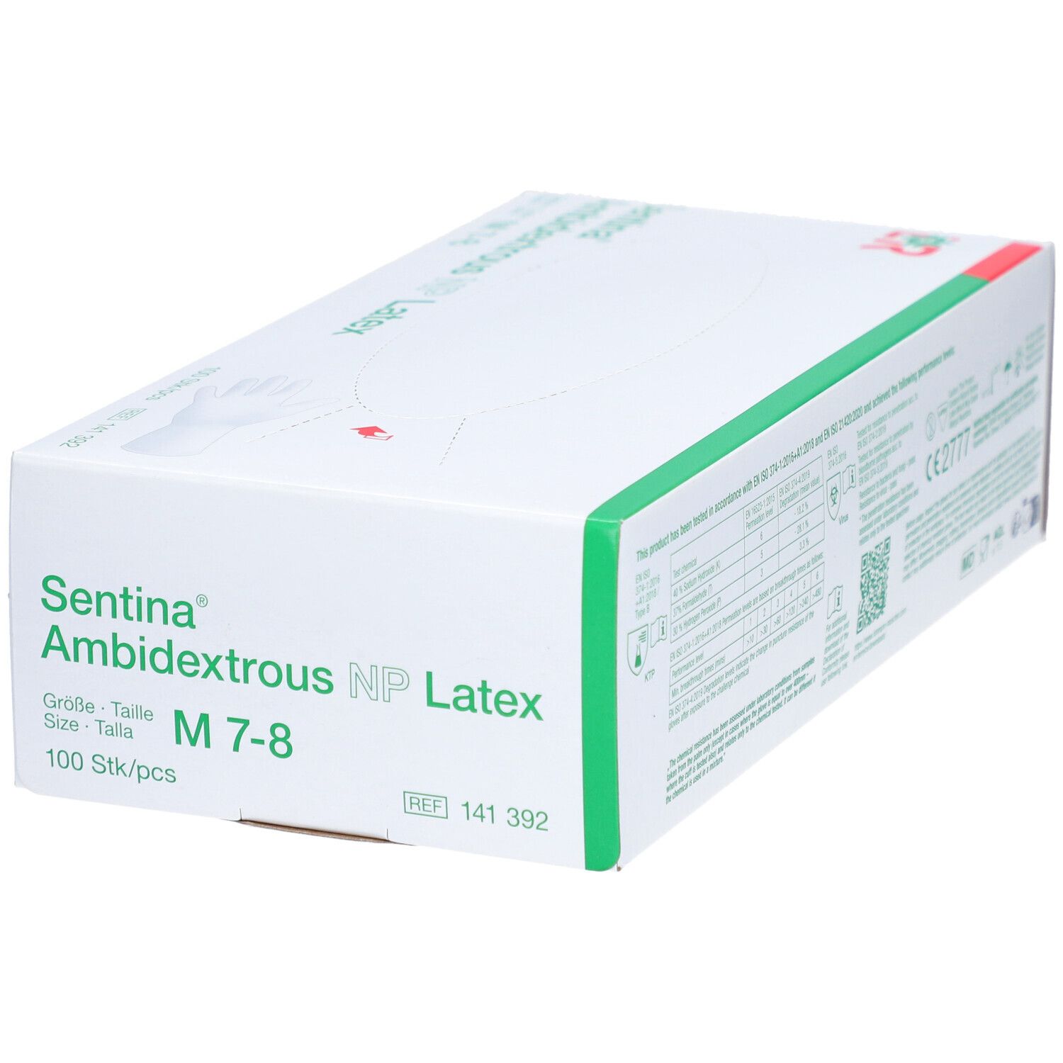 Verpackung mit SENTINA Ambidextrous NP Latex Handschuhen, Größe M 7-8. 100 Stück.