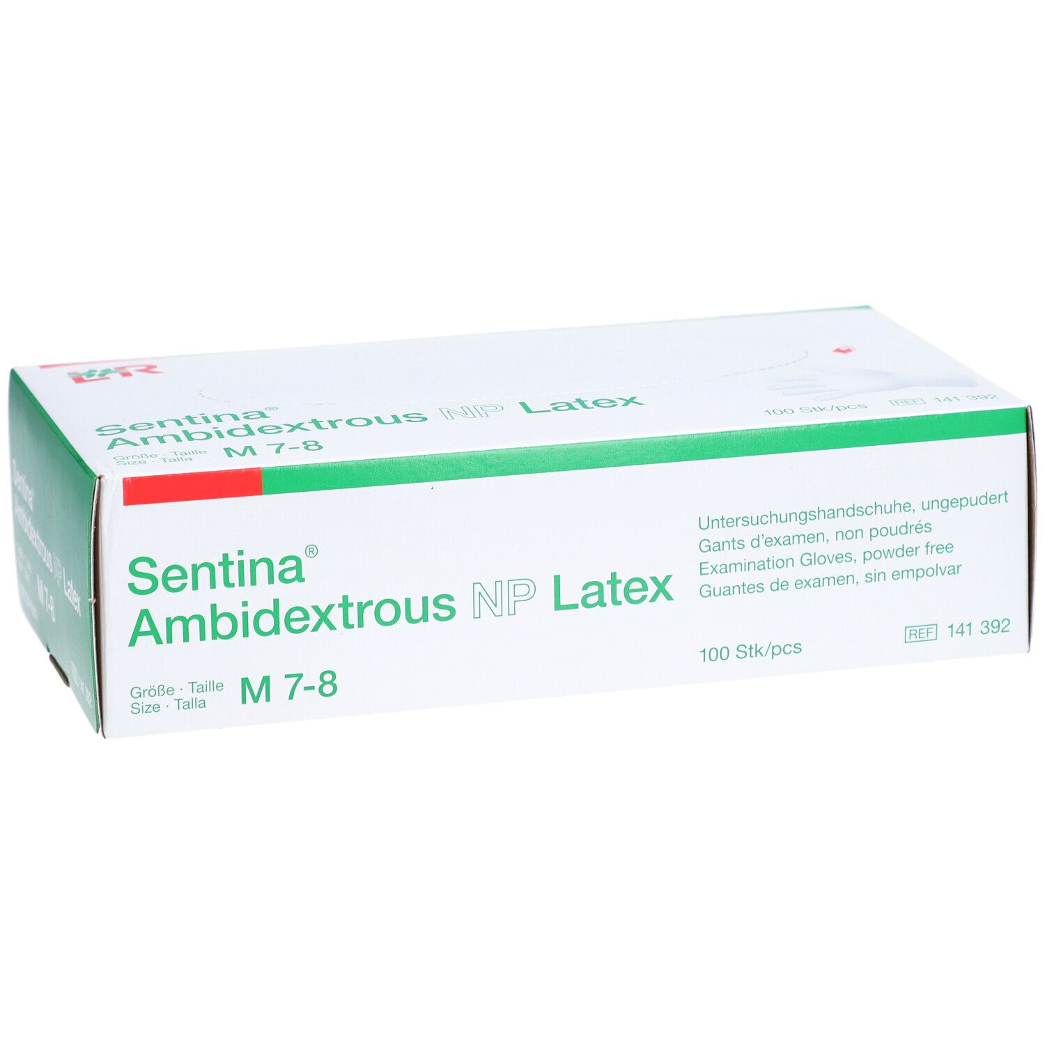 Verpackung mit SENTINA Ambidextrous NP Latex Handschuhen, Größe M 7-8. 100 Stück.