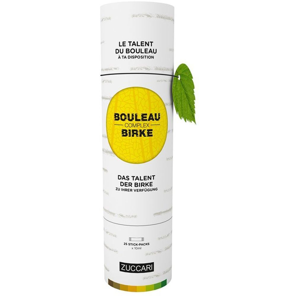 Zylindrische Verpackung mit Produktnamen und Birkenblatt. Text: Le talent du bouleau à ta disposition, Bouleau Complex Birke, ZUCCARI.