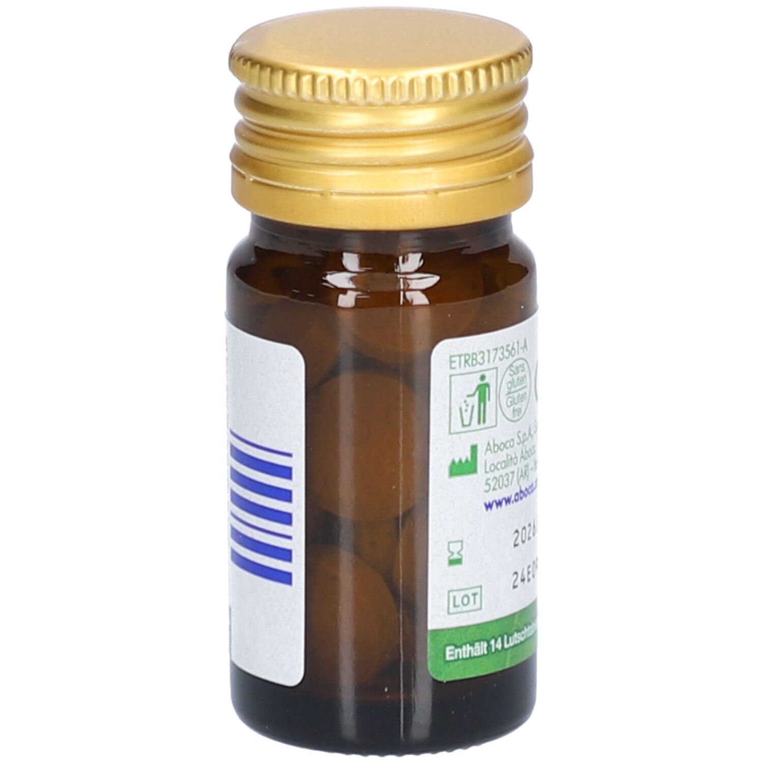 Braune Glasflasche mit goldfarbenem Deckel. Inhalt: Tabletten. Etikett mit Produktinformationen und Chargennummer.