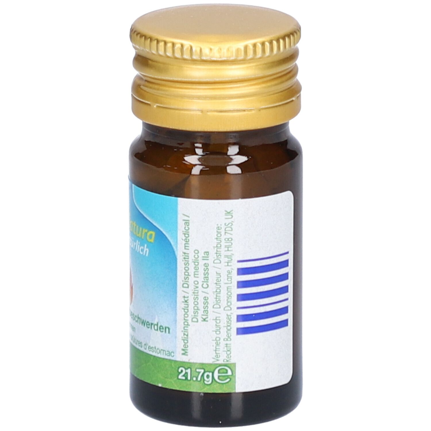 Braune Glasflasche mit goldfarbenem Deckel. Etikett mit Produktinformationen und Gewichtsangabe: 21.7g.