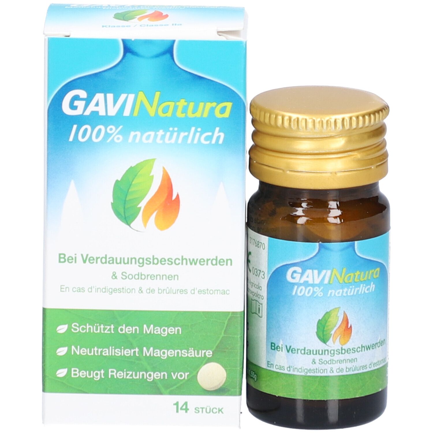 Produktpackung und Flasche. Packung mit Produktnamen und Angaben zu Verdauungsbeschwerden. Flasche daneben.