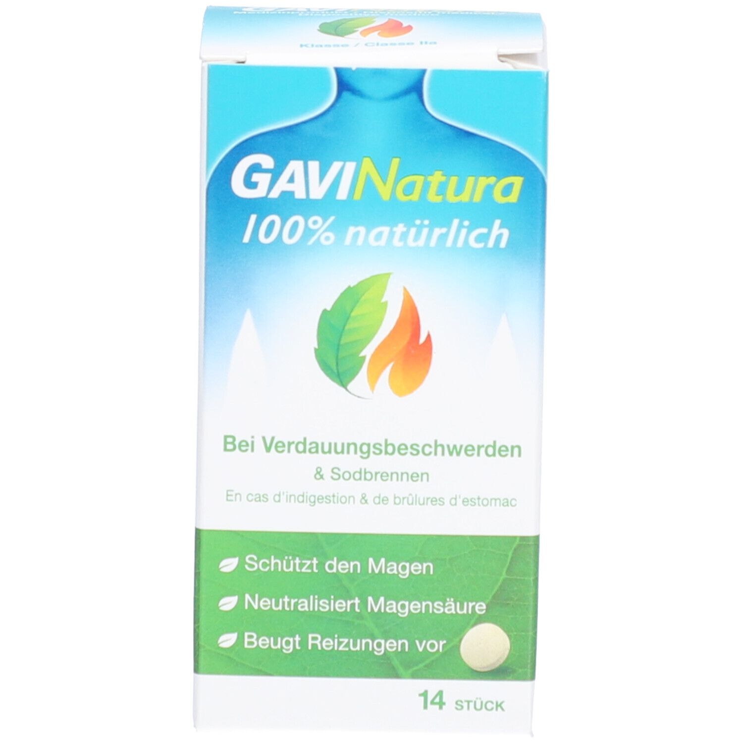 Produktpackung mit Produktnamen und Angaben zu Verdauungsbeschwerden. Enthält 14 Tabletten.