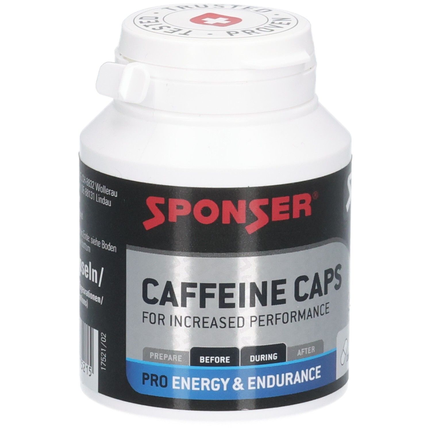 Weiße Flasche mit rotem SPONSER-Logo und schwarzem Etikett. Text: Caffeine Caps, Pro Energy & Endurance. Schweizer Kreuz.