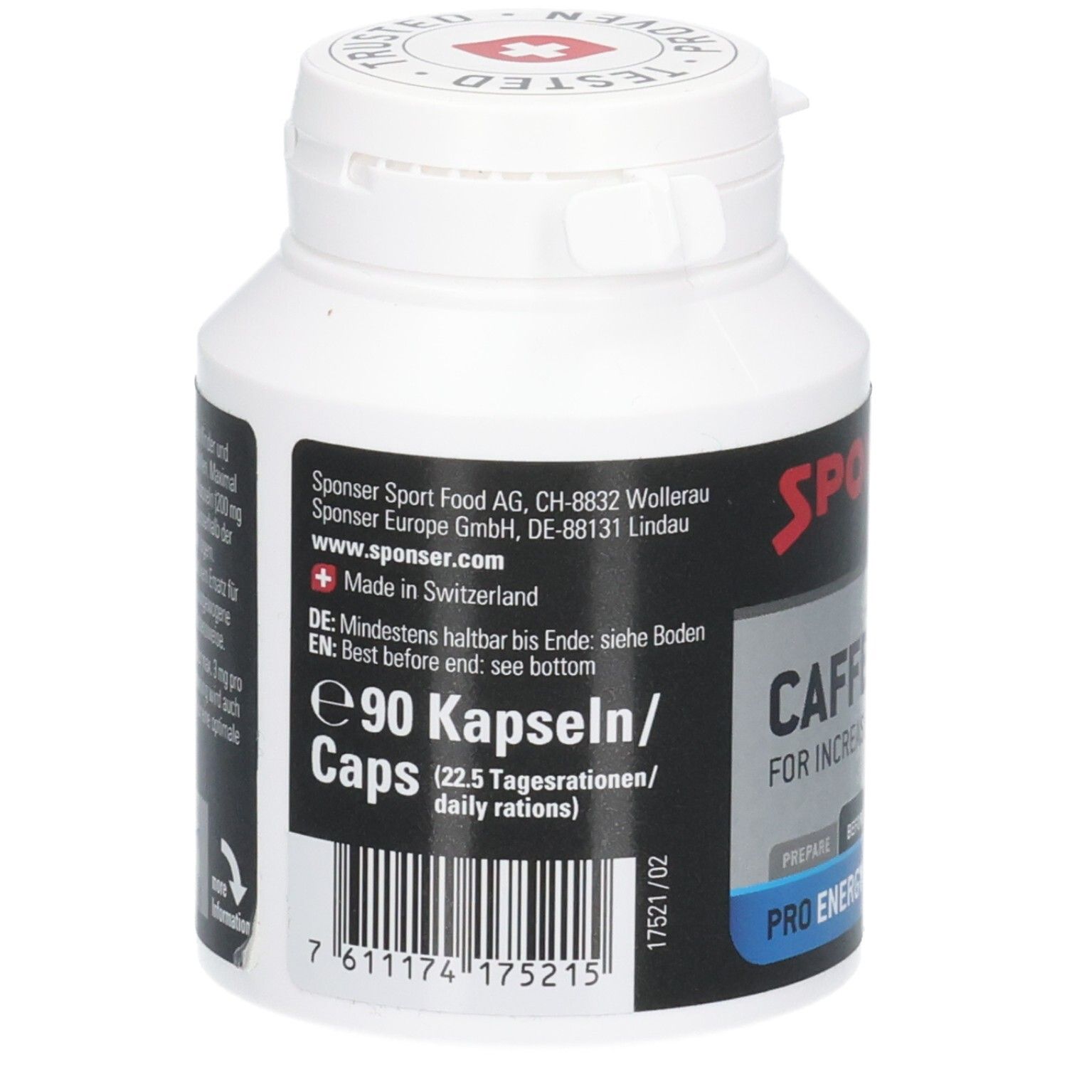 Weiße Flasche mit schwarzem Etikett. Text: E 90 Kapseln/Caps. Barcode. Hergestellt in der Schweiz. SPONSER Europe GmbH.