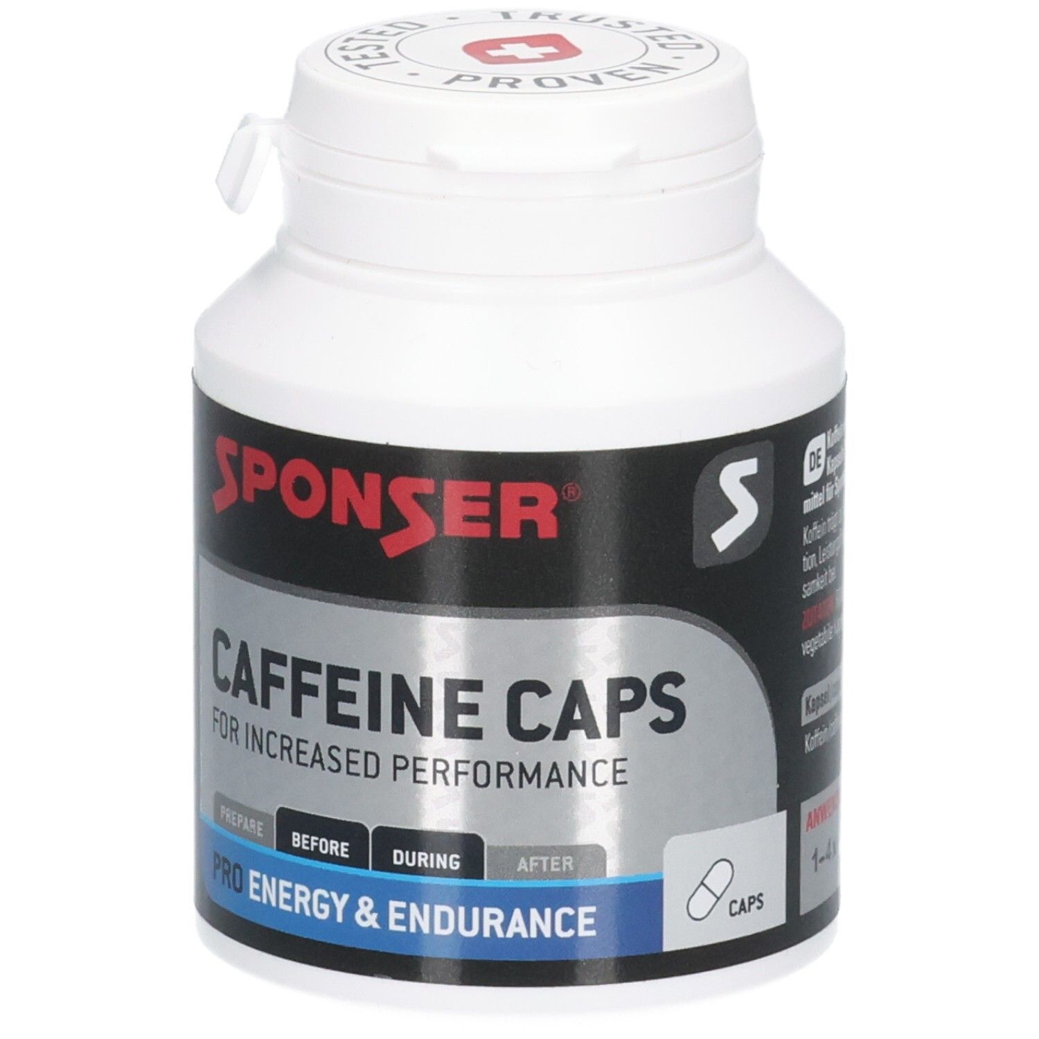 Weiße Flasche mit rotem SPONSER-Logo und schwarzem Etikett. Text: Caffeine Caps, Pro Energy & Endurance. Kapsel-Symbol.