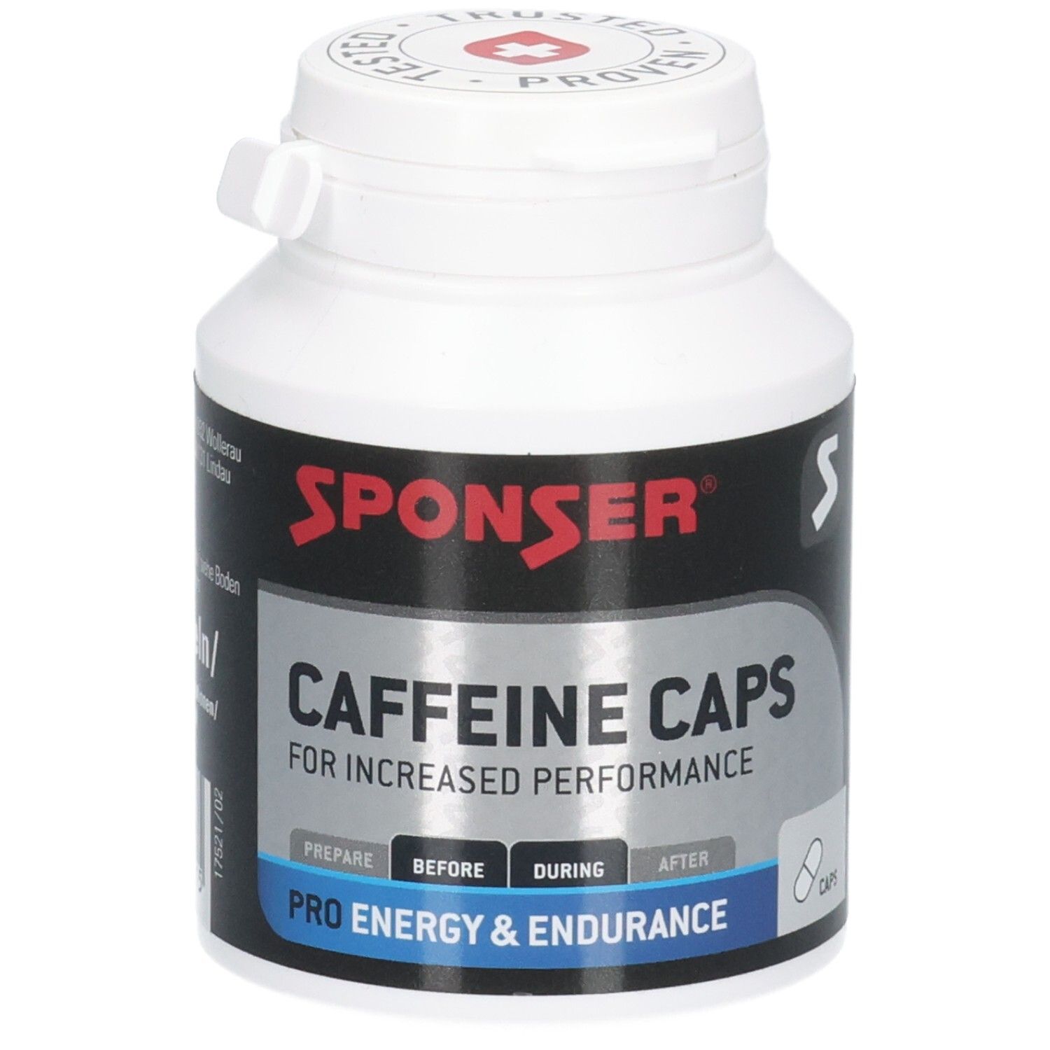 Weiße Flasche mit rotem SPONSER-Logo und schwarzem Etikett. Text: Caffeine Caps, Pro Energy & Endurance. Kapsel-Symbol.