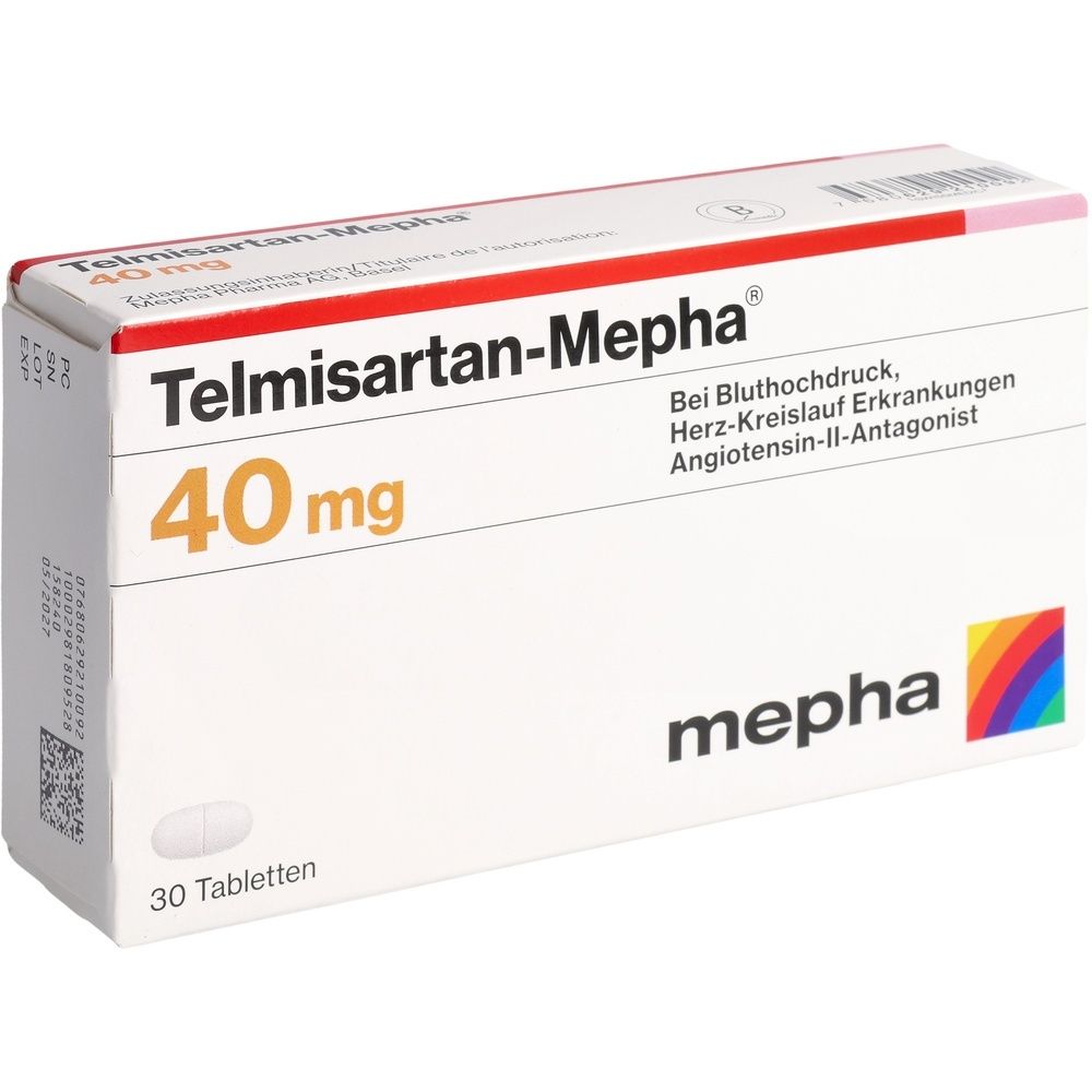 Boîte blanche avec inscription Telmisartan-Mepha 40 mg. Contient 30 comprimés. Inscription : Pour l'hypertension, les maladies cardiovasculaires.