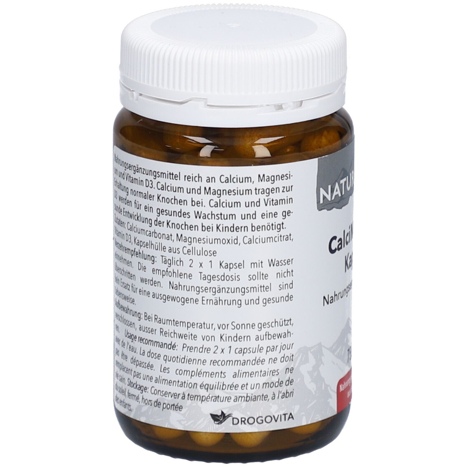 Flacon en verre brun avec couvercle blanc. Dos avec texte. Contient des informations sur les ingrédients et le dosage. Marque: NATURSTEIN.