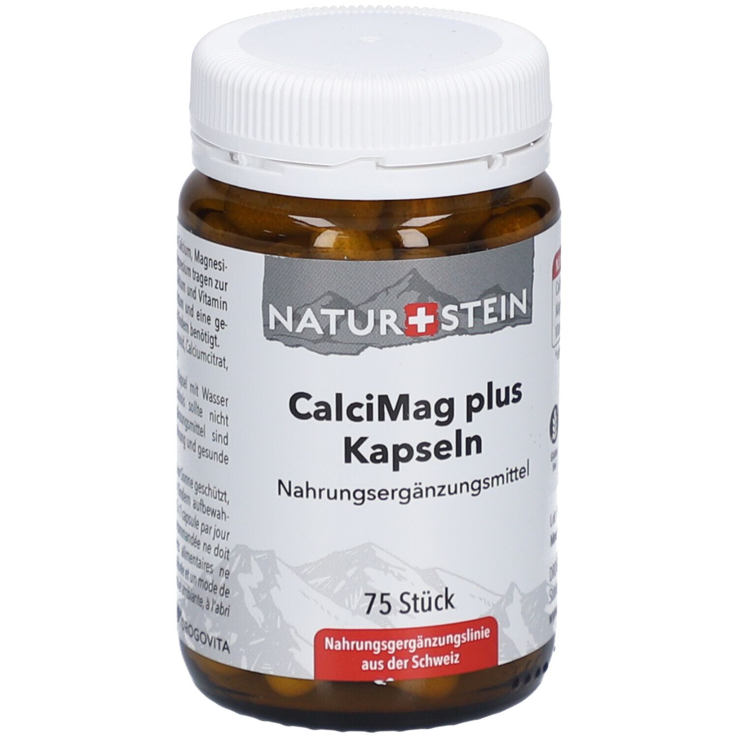 Flacon en verre brun avec couvercle blanc. Étiquette avec "NATURSTEIN", "CalciMag plus Kapseln", "75 Stück". Complément alimentaire.