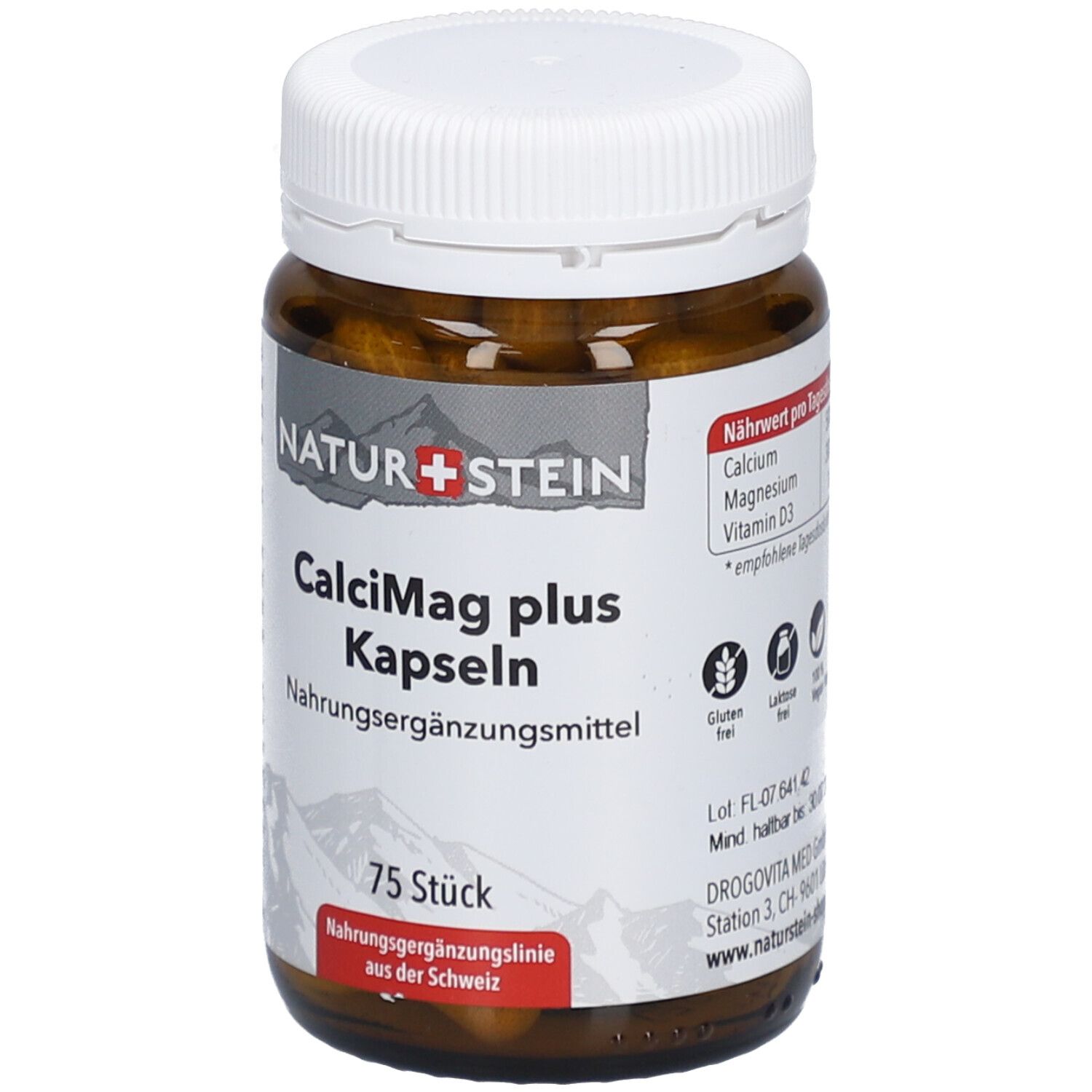Flacon en verre brun avec couvercle blanc. Étiquette avec "NATURSTEIN", "CalciMag plus Kapseln", "75 Stück". Sans gluten, sans lactose.