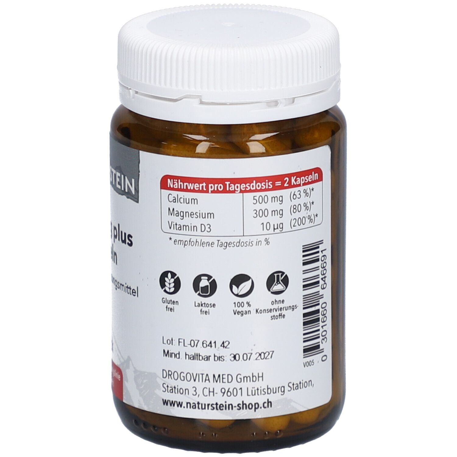 Flacon en verre brun avec couvercle blanc. Étiquette avec informations nutritionnelles. Sans gluten, sans lactose, 100% végétalien. Marque: NATURSTEIN.