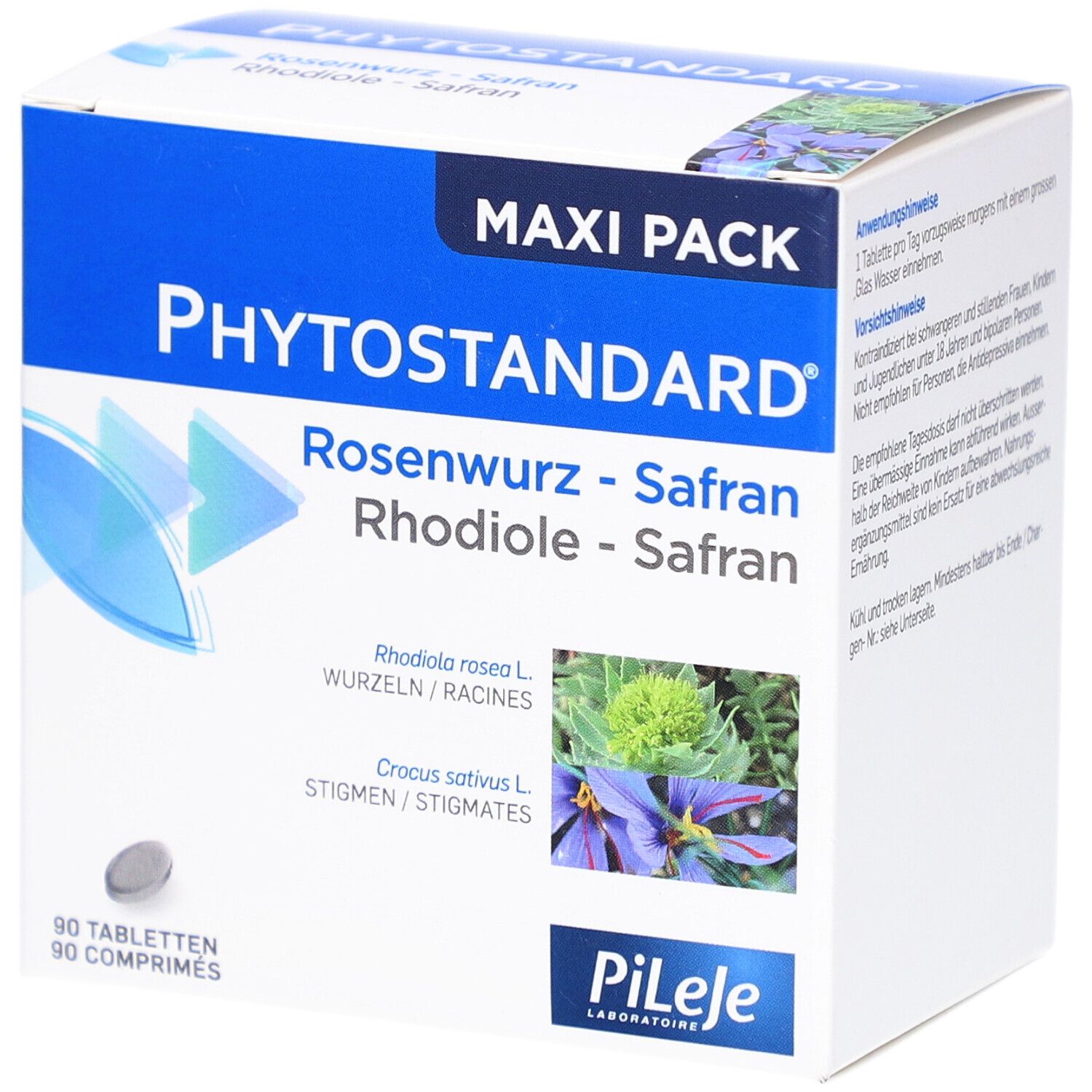 Verpackung von PHYTOSTANDARD® Rosenwurz - Safran. Produktinformationen auf der Verpackung.