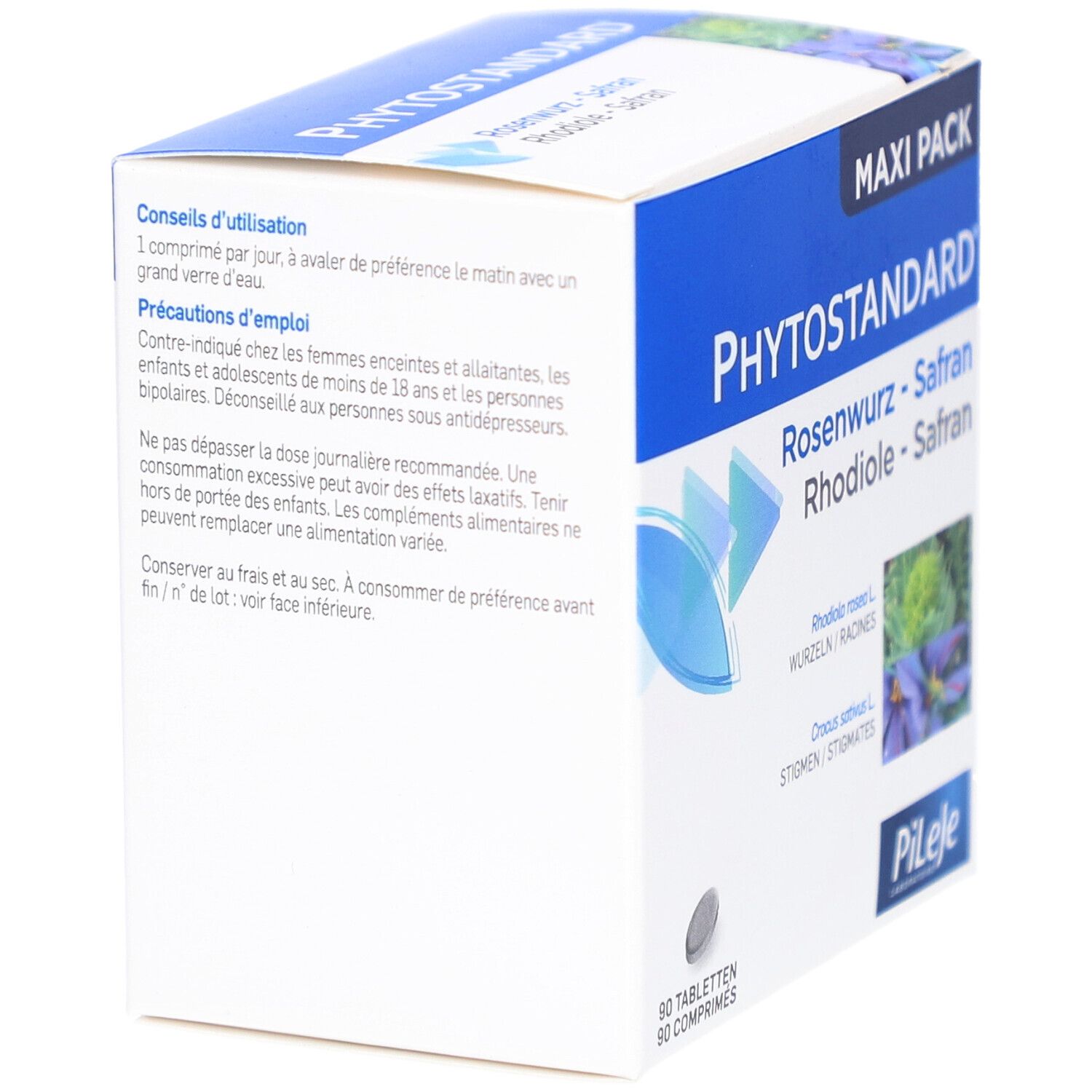 Verpackung von PHYTOSTANDARD® Rosenwurz - Safran. Rückseite mit Anwendungs- und Vorsichtshinweisen.