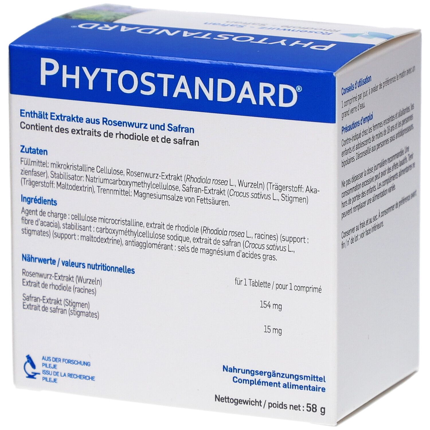 Verpackung von PHYTOSTANDARD® Rosenwurz - Safran. Enthält Inhaltsstoffe und Nährwertangaben.