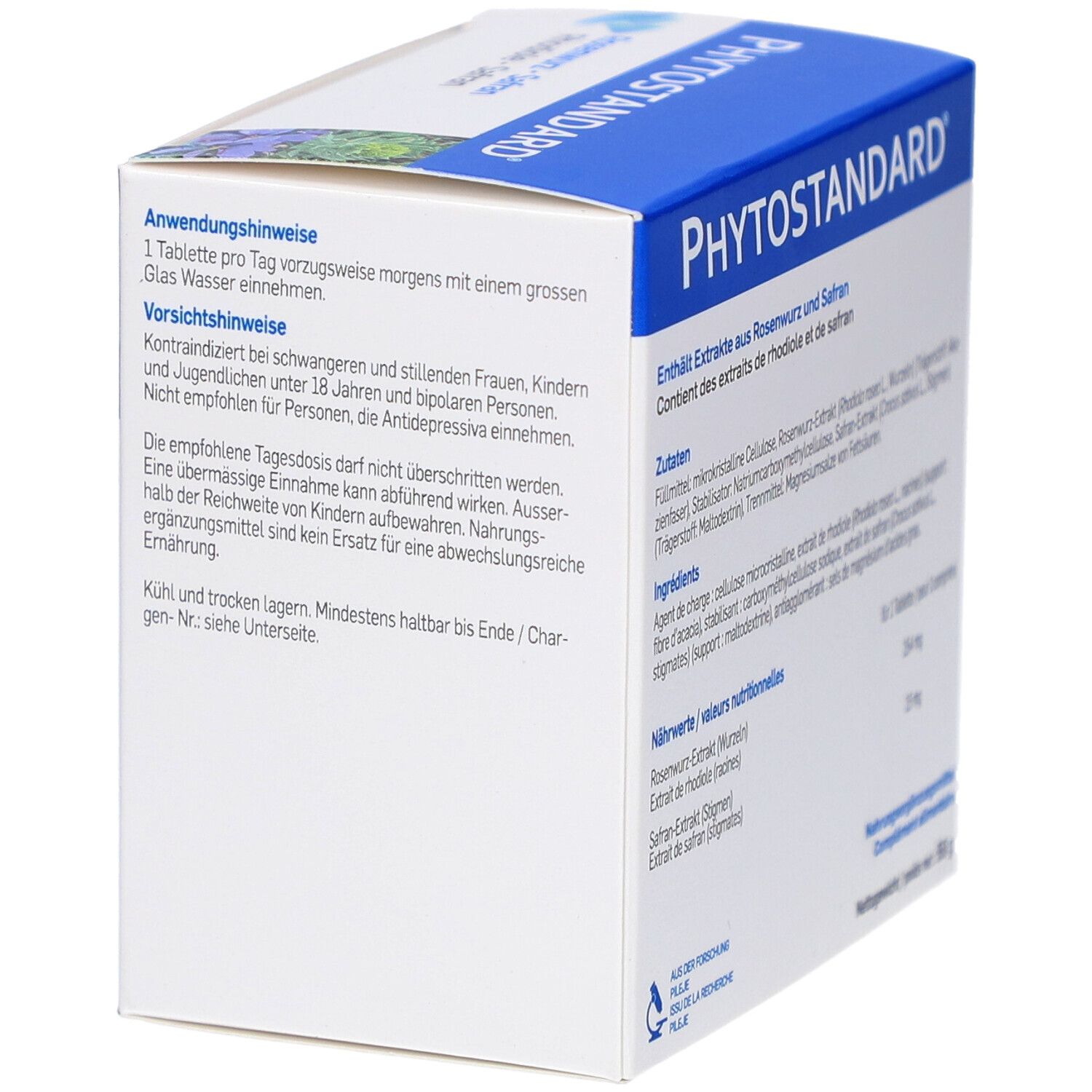 Verpackung von PHYTOSTANDARD® Rosenwurz - Safran. Rückseite mit Anwendungs- und Vorsichtshinweisen.