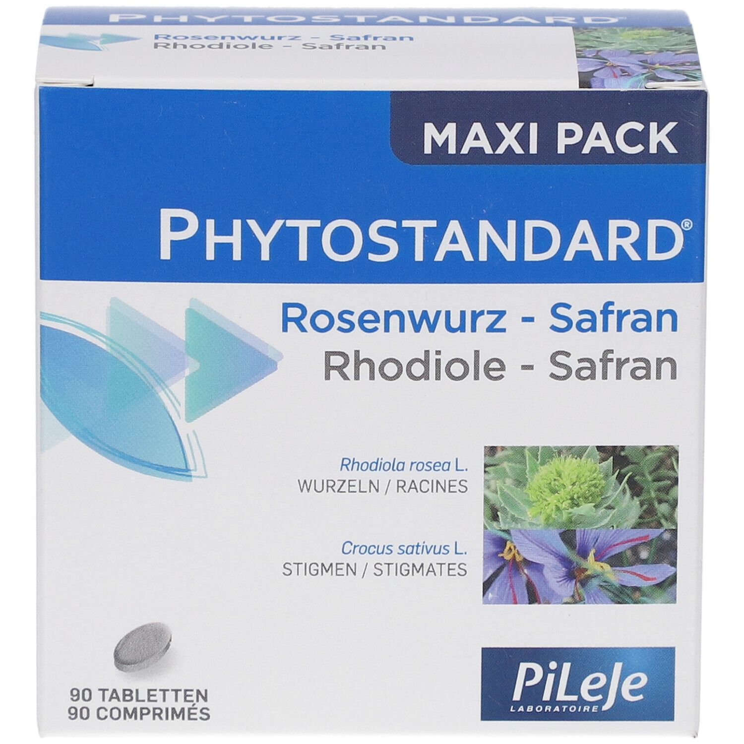 Verpackung von PHYTOSTANDARD® Rosenwurz - Safran. Blaue und weiße Schachtel mit Produktinformationen und Logo.