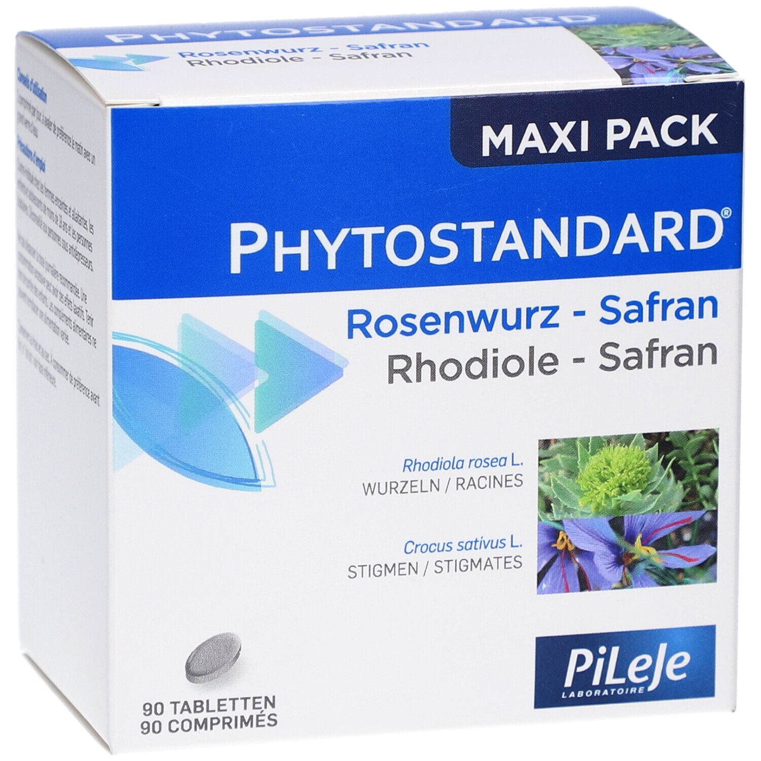 Verpackung von PHYTOSTANDARD® Rosenwurz - Safran. Blaue und weiße Schachtel mit Produktinformationen und Logo.