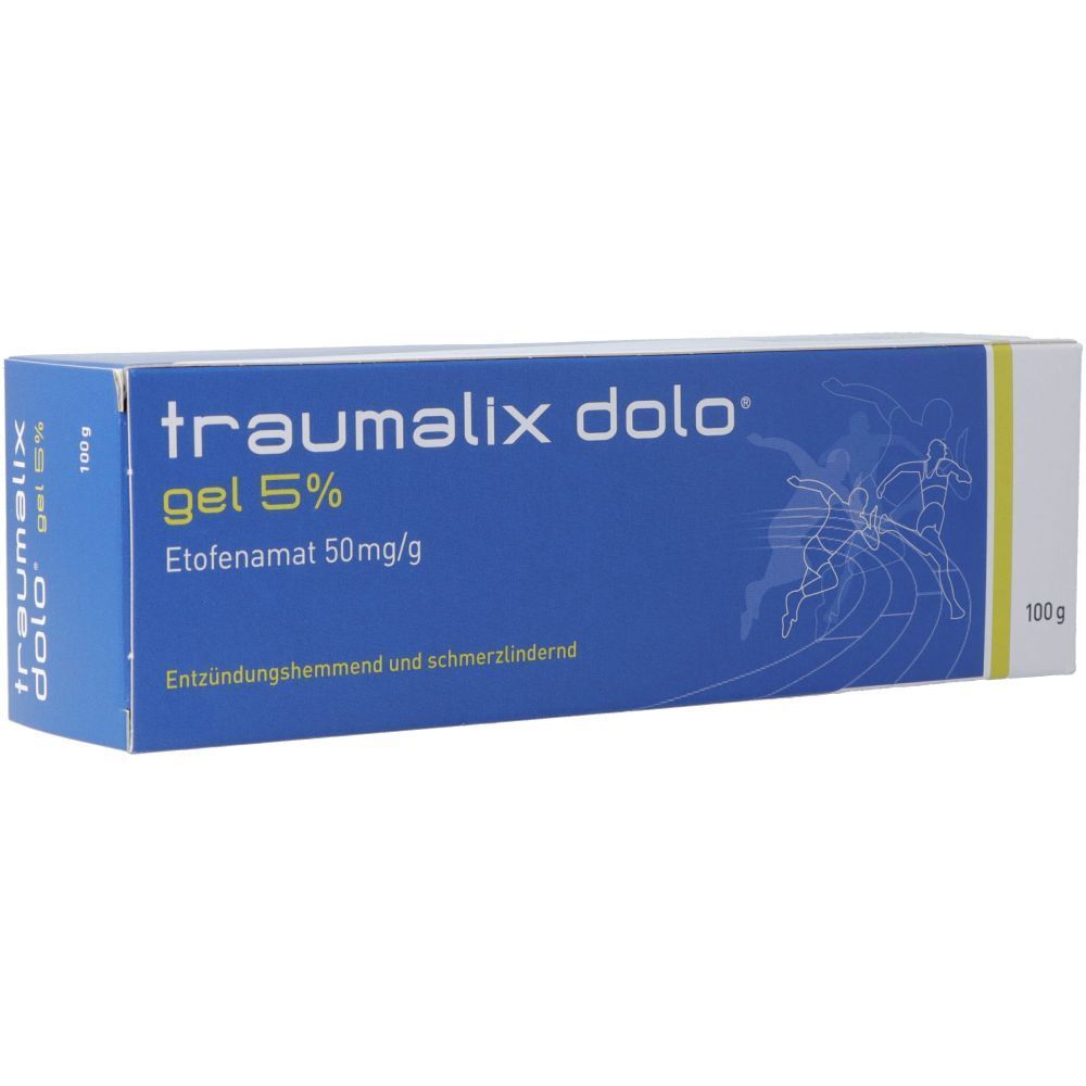 Boîte bleue et blanche avec informations produit. Inscription: traumalix dolo gel 5%, Etofenamat 50mg/g. Texte: Entzündungshemmend und schmerzlindernd.