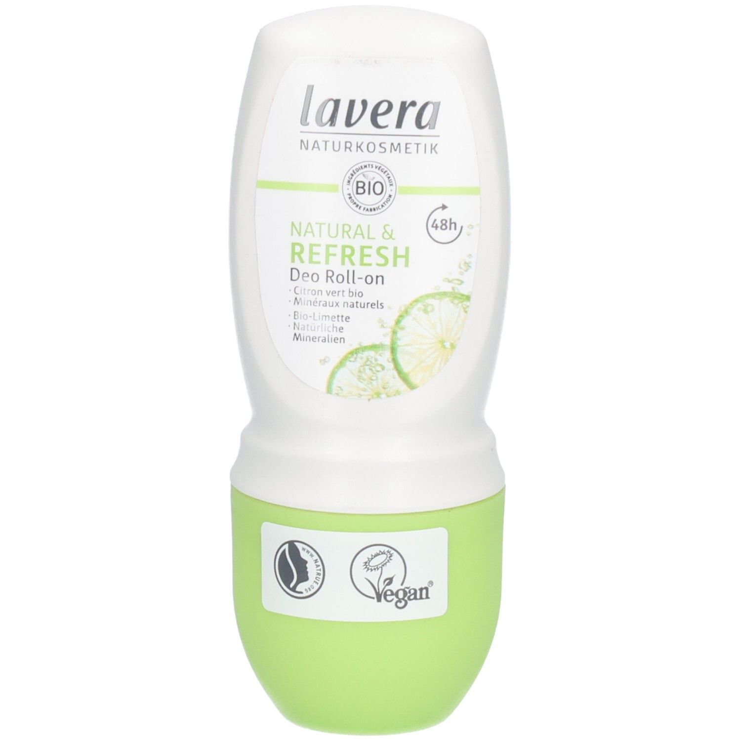 Deo Roll-on mit weißem Deckel und grünem Unterteil. Aufschrift: Lavera, Natural & Refresh, Bio-Limette. Vegan-Siegel.
