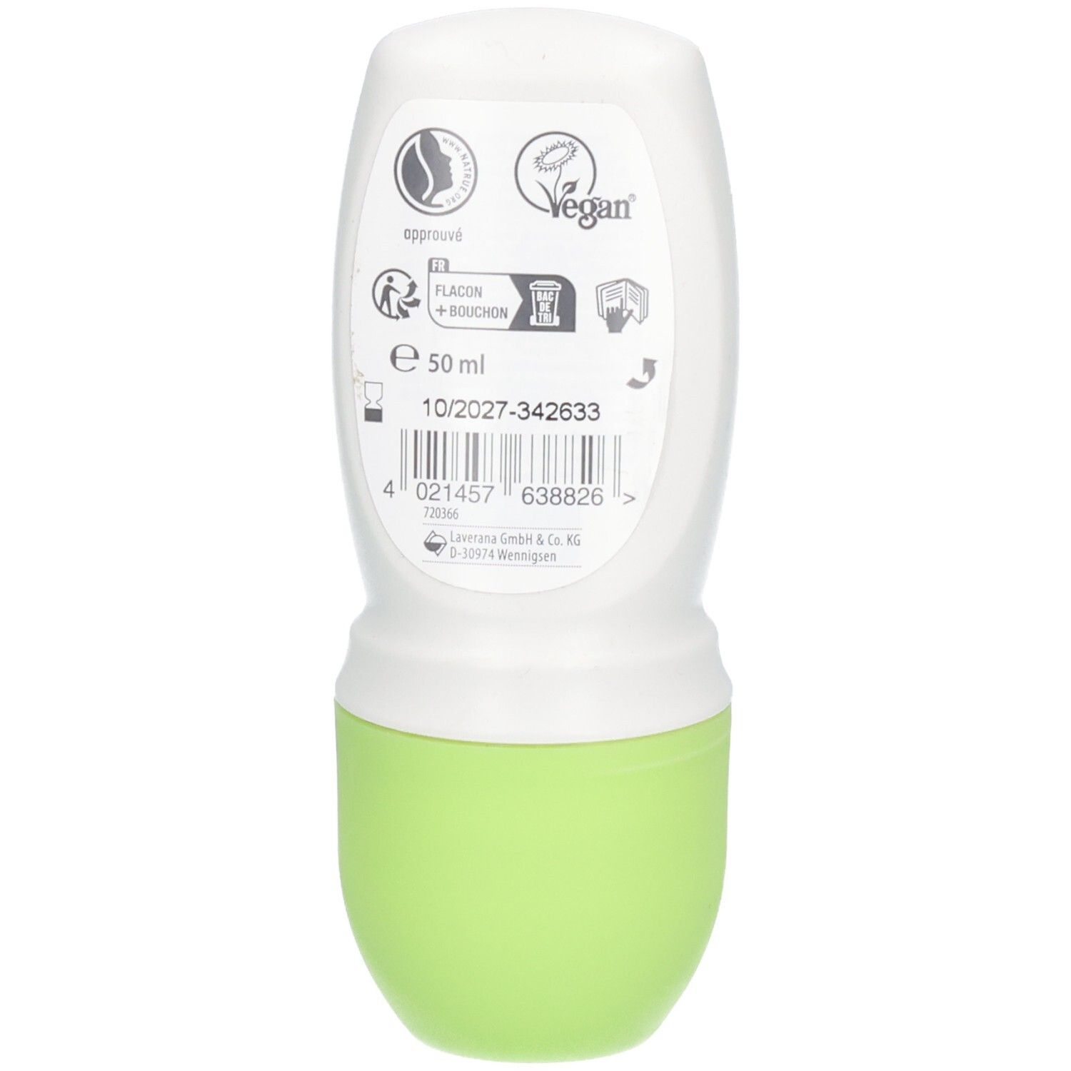 Rückseite des Deo Roll-on. Aufschrift: Vegan-Siegel, 50 ml, Barcode. Flakon + Verschluss-Symbol.