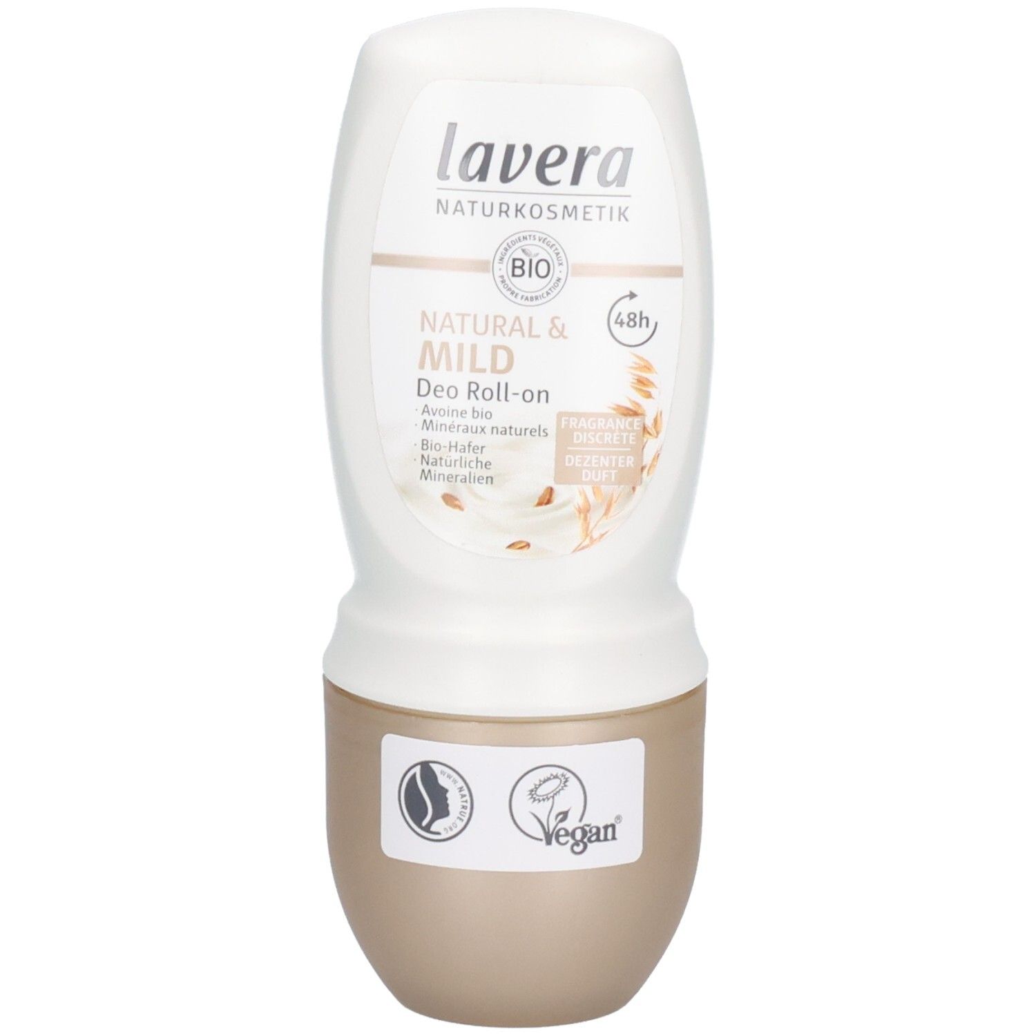 Deo Roll-on. Weiß-goldene Flasche. Aufschrift: lavera, Natural & Mild, Bio-Haferextrakt. Vegan-Siegel. 48h Schutz.
