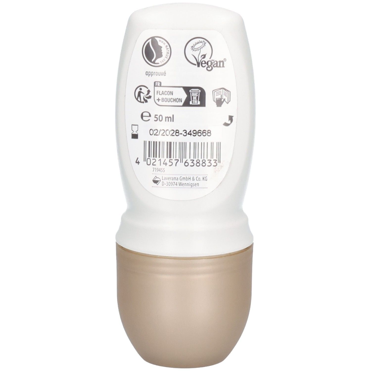 Rückseite der Deo Roll-on Flasche. Vegan-Siegel. Angaben zu Inhalt und Hersteller. Barcode. 50 ml.