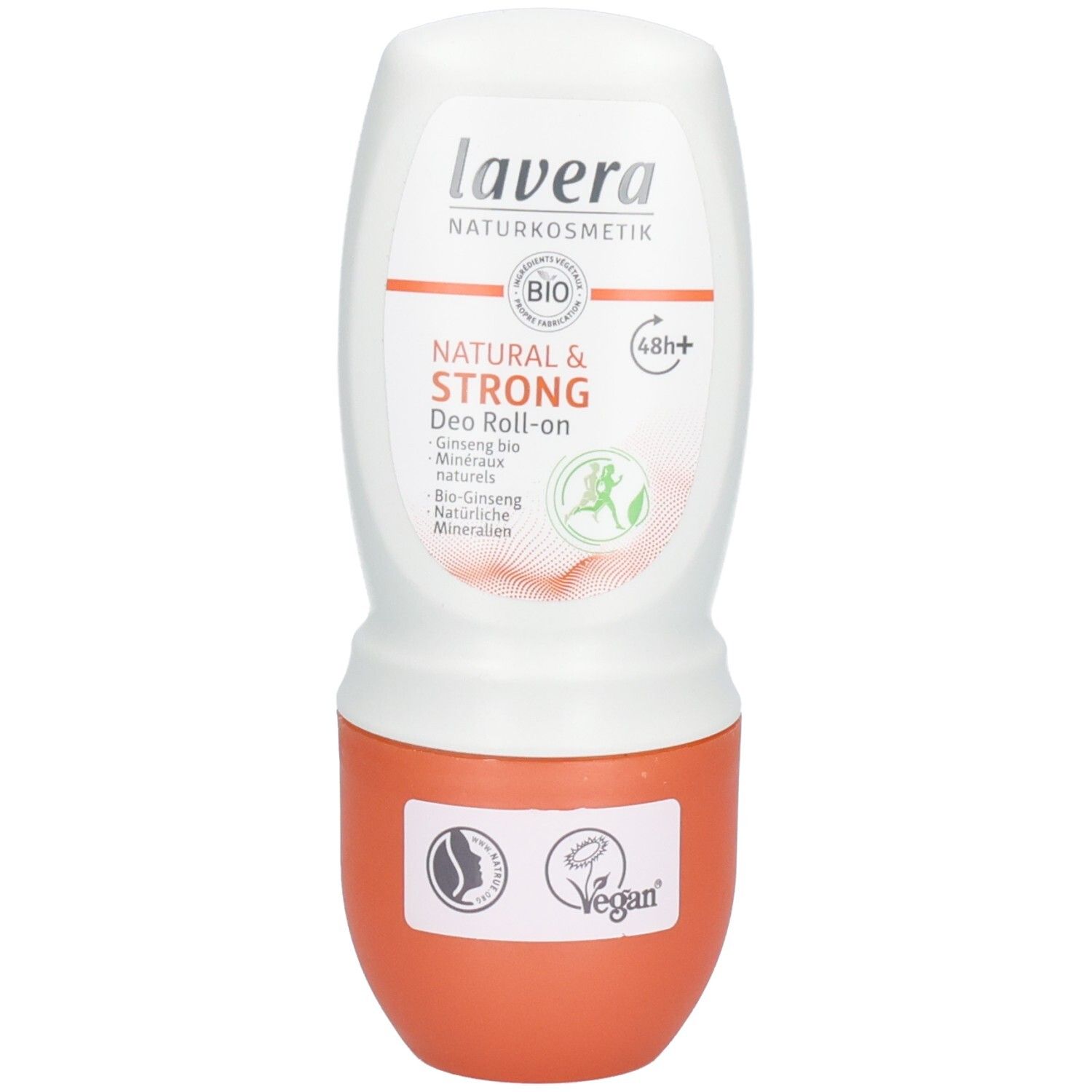 Deo Roll-on. Weiß-orange Flasche mit Roll-on-Applikator. Aufschrift: lavera, Natural & Strong, Bio-Siegel, Vegan-Logo.