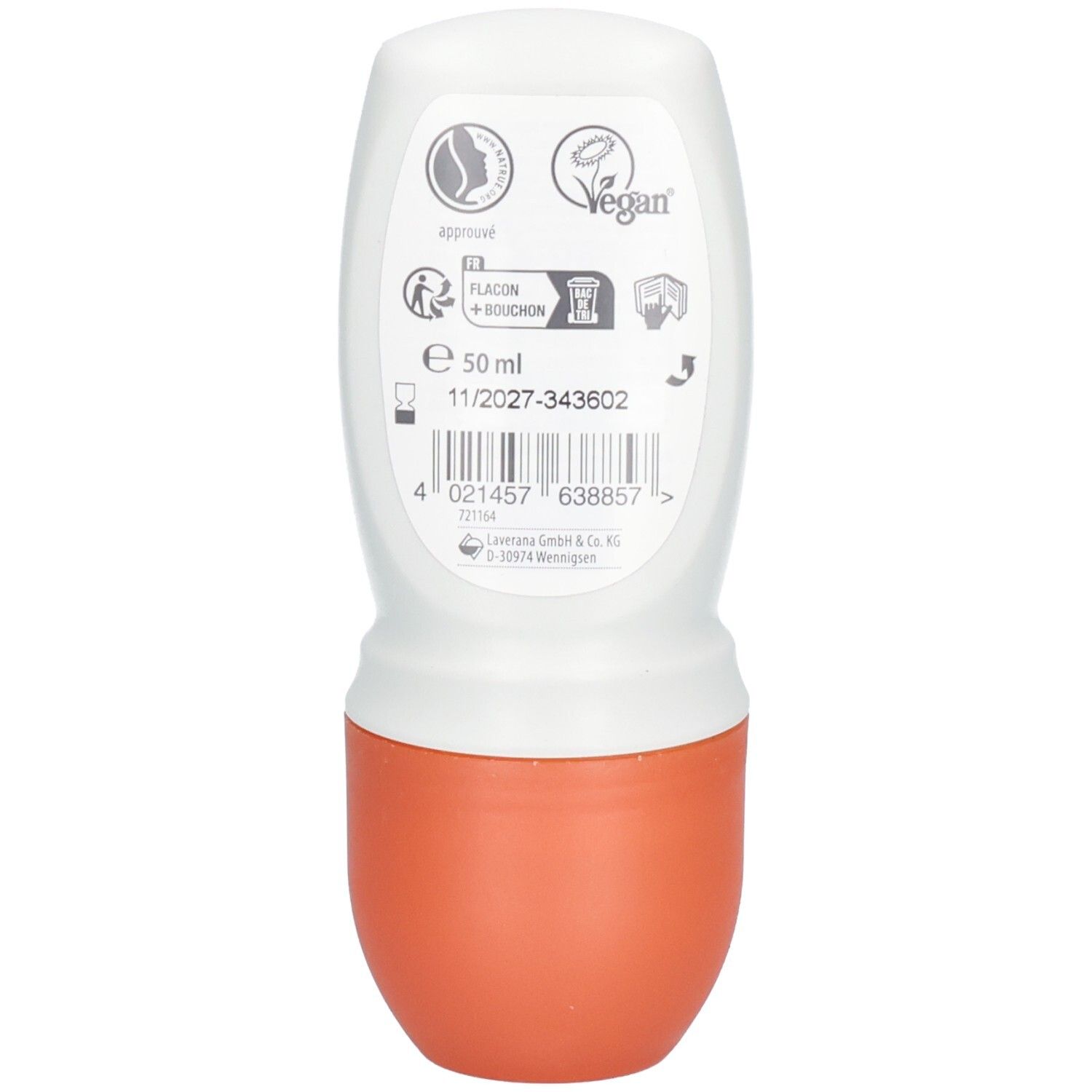 Rückseite des Deo Roll-on. Weiß-orange Flasche mit Roll-on-Applikator. Aufdrucke: Vegan-Logo, Chargennummer, Barcode.