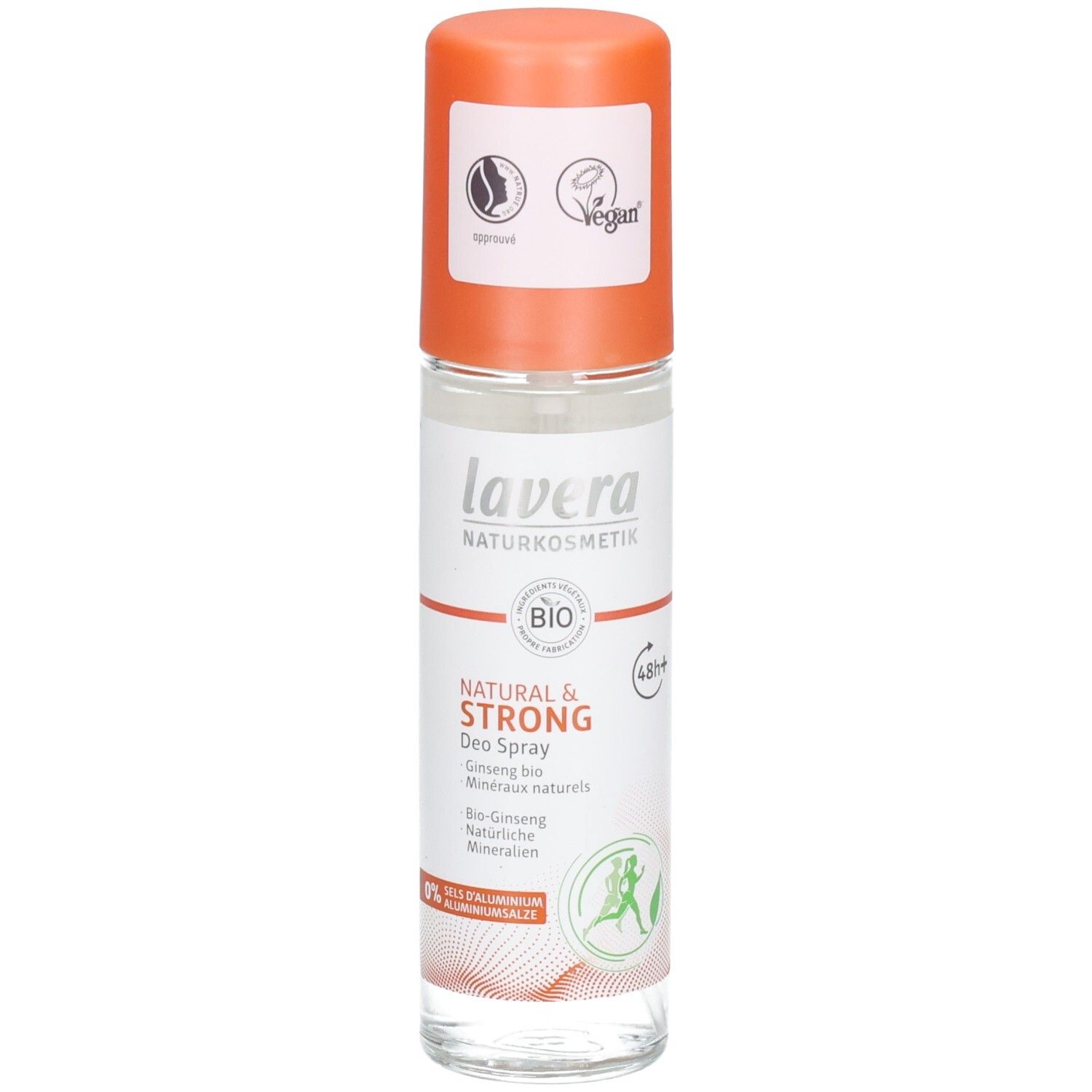 Deospray mit orangefarbenem Deckel. Aufschrift: lavera Naturkosmetik, Natural & STRONG Deo Spray, BIO, Vegan-Siegel.