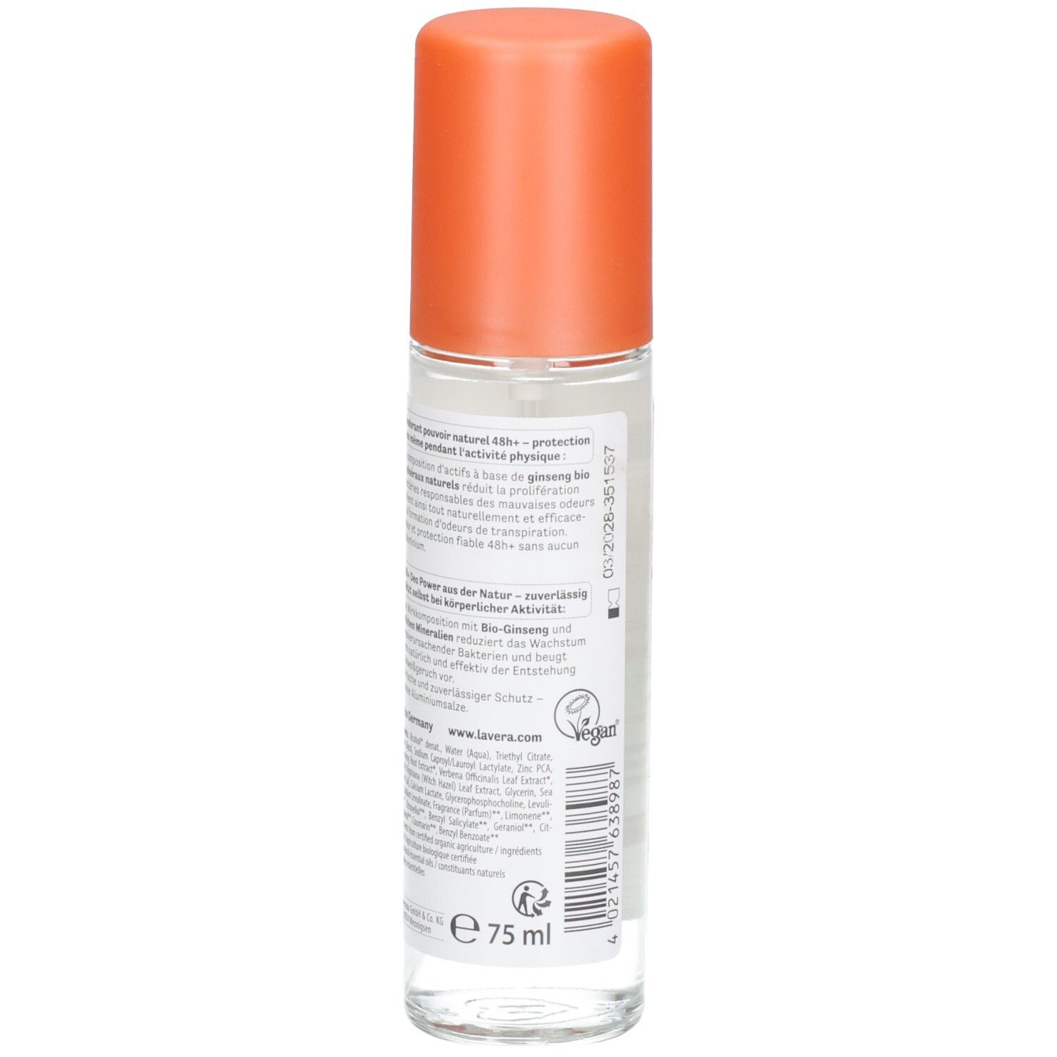 Deospray, Rückseite mit Text. Aufschrift: lavera, Natural & STRONG Deo Spray, BIO, Vegan-Siegel, 75 ml.
