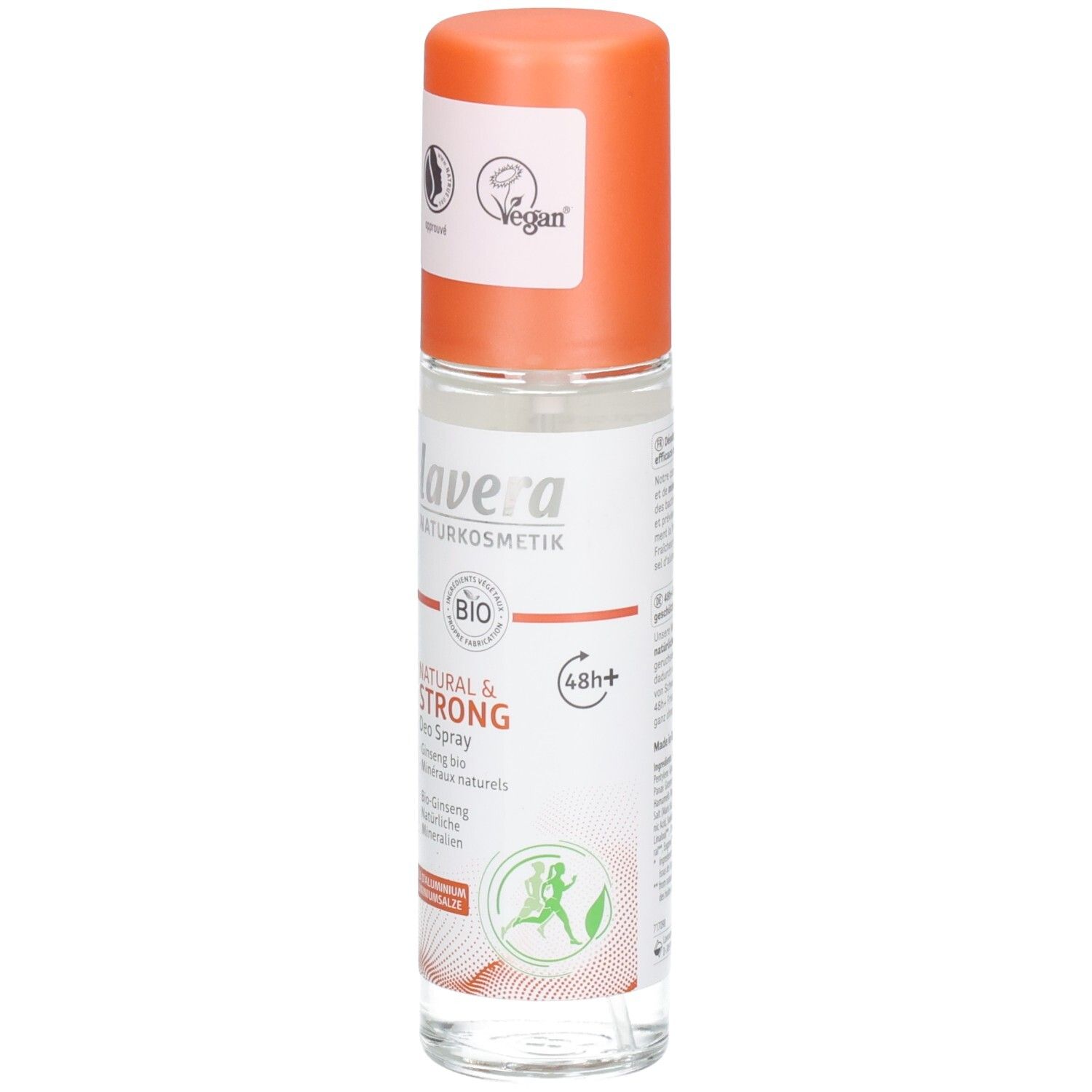 Deospray mit orangefarbenem Deckel. Aufschrift: lavera Naturkosmetik, Natural & STRONG Deo Spray, BIO, Vegan-Siegel.