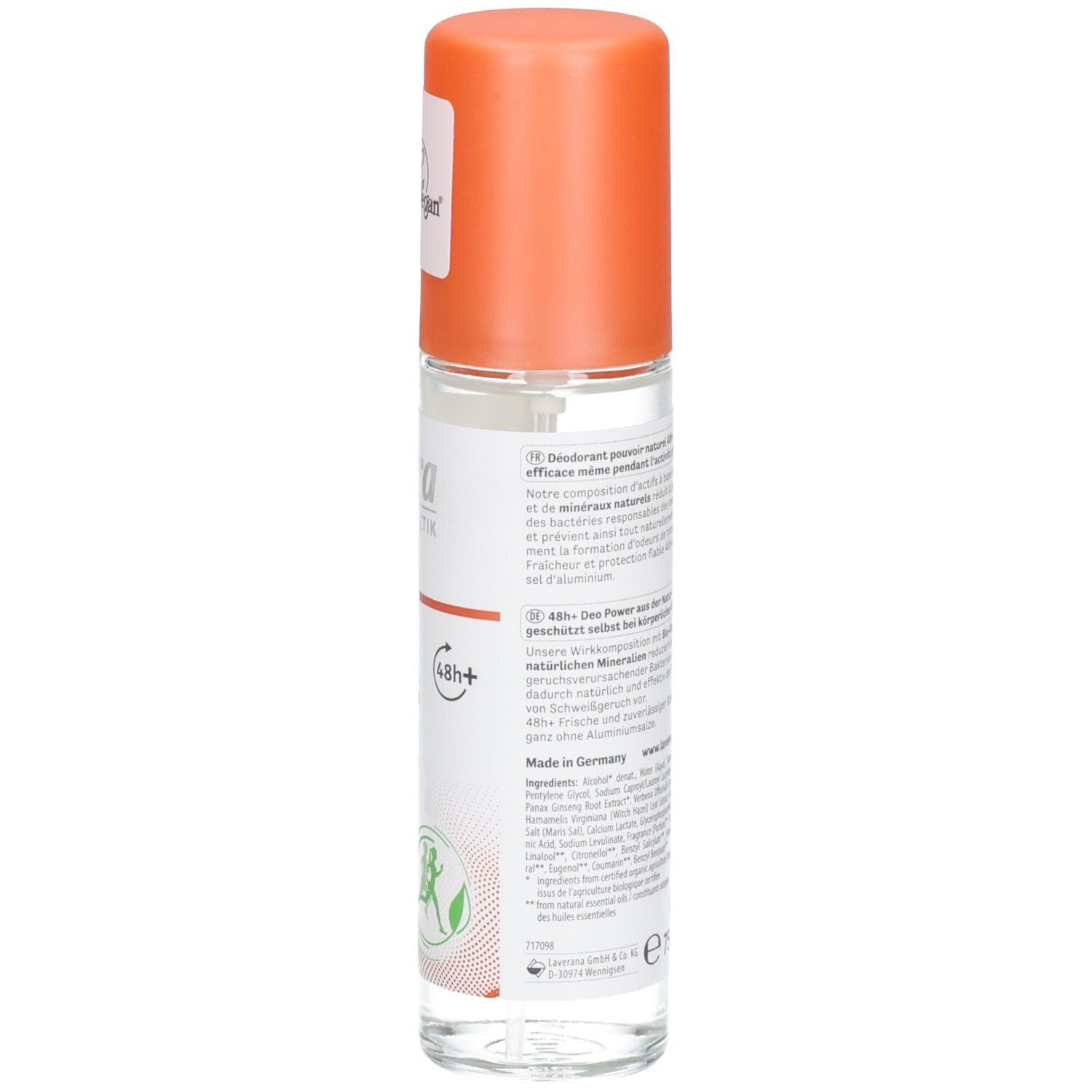 Deospray, seitliche Ansicht. Aufschrift: lavera, Natural & STRONG Deo Spray, BIO, Vegan-Siegel. Rückseite mit Text.