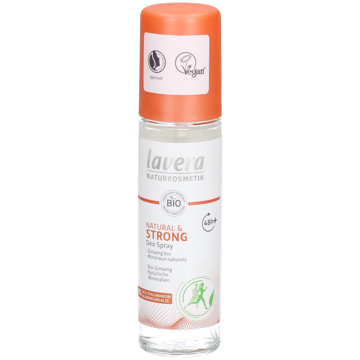 Deospray mit orangefarbenem Deckel. Aufschrift: lavera Naturkosmetik, Natural & STRONG Deo Spray, BIO, Vegan-Siegel.