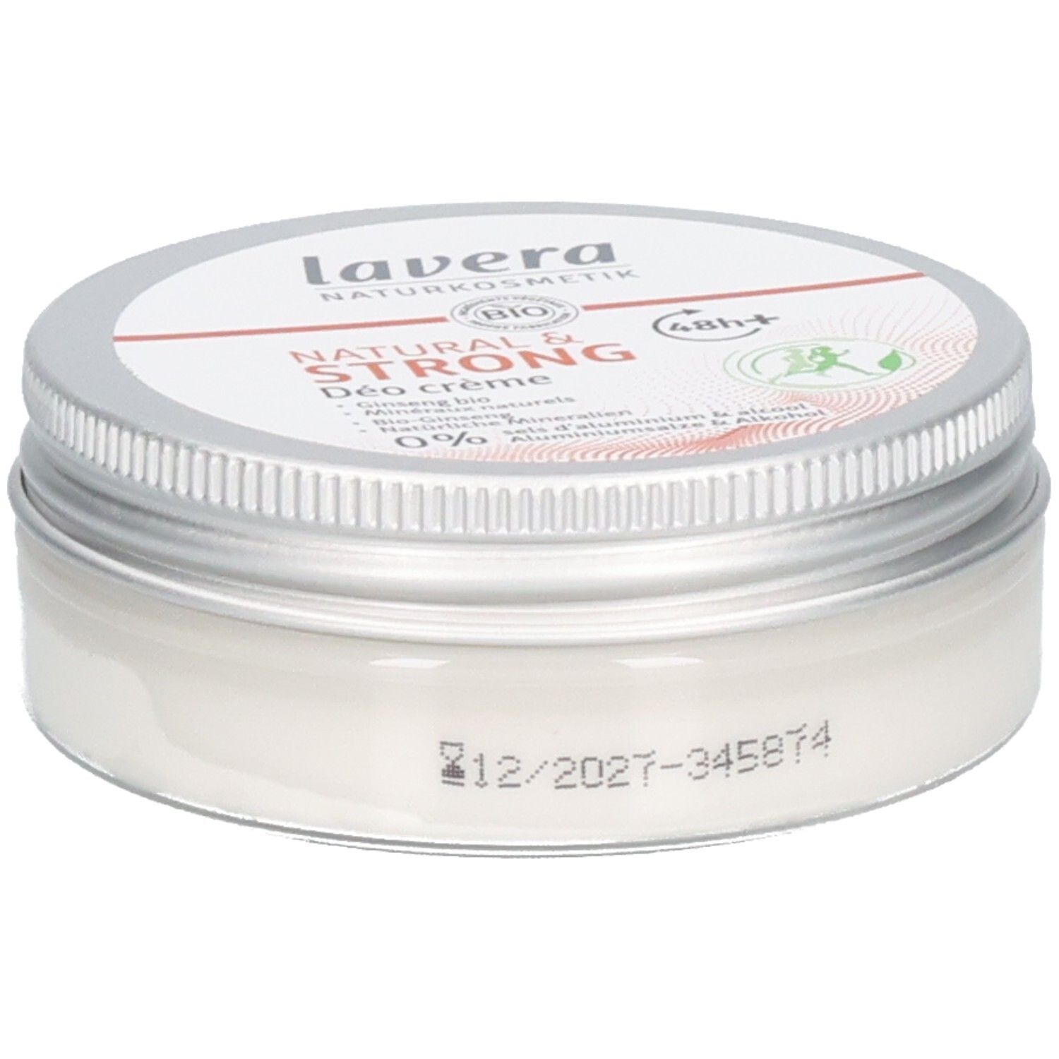Creme-Deo in Dose mit silbernem Deckel. Aufschrift: lavera, Natural & Strong, Bio-Siegel. Haltbarkeit: 12/2027.