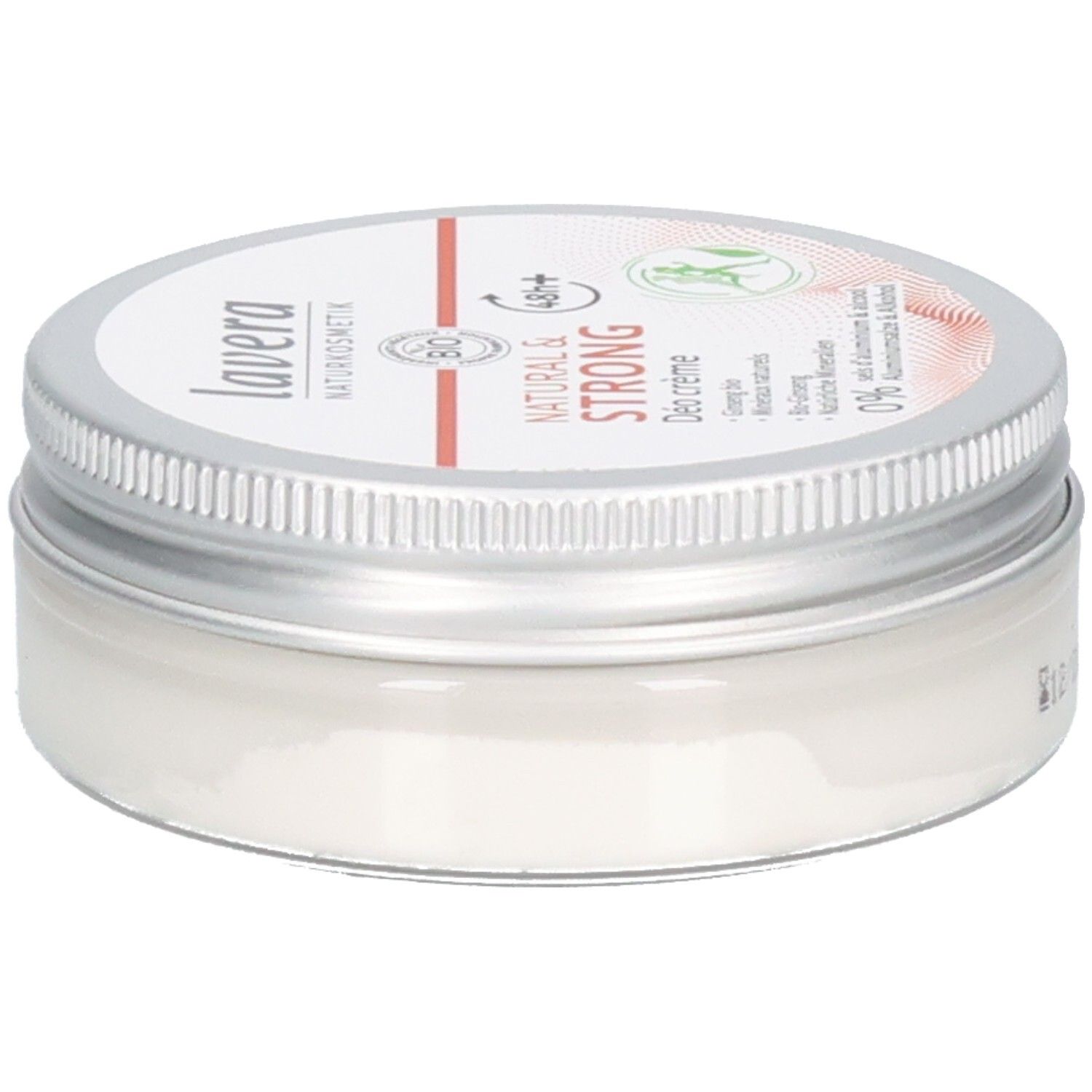 Creme-Deo in Dose mit silbernem Deckel. Aufschrift: lavera, Natural & Strong, Bio-Siegel. Haltbarkeit: 12/2027.