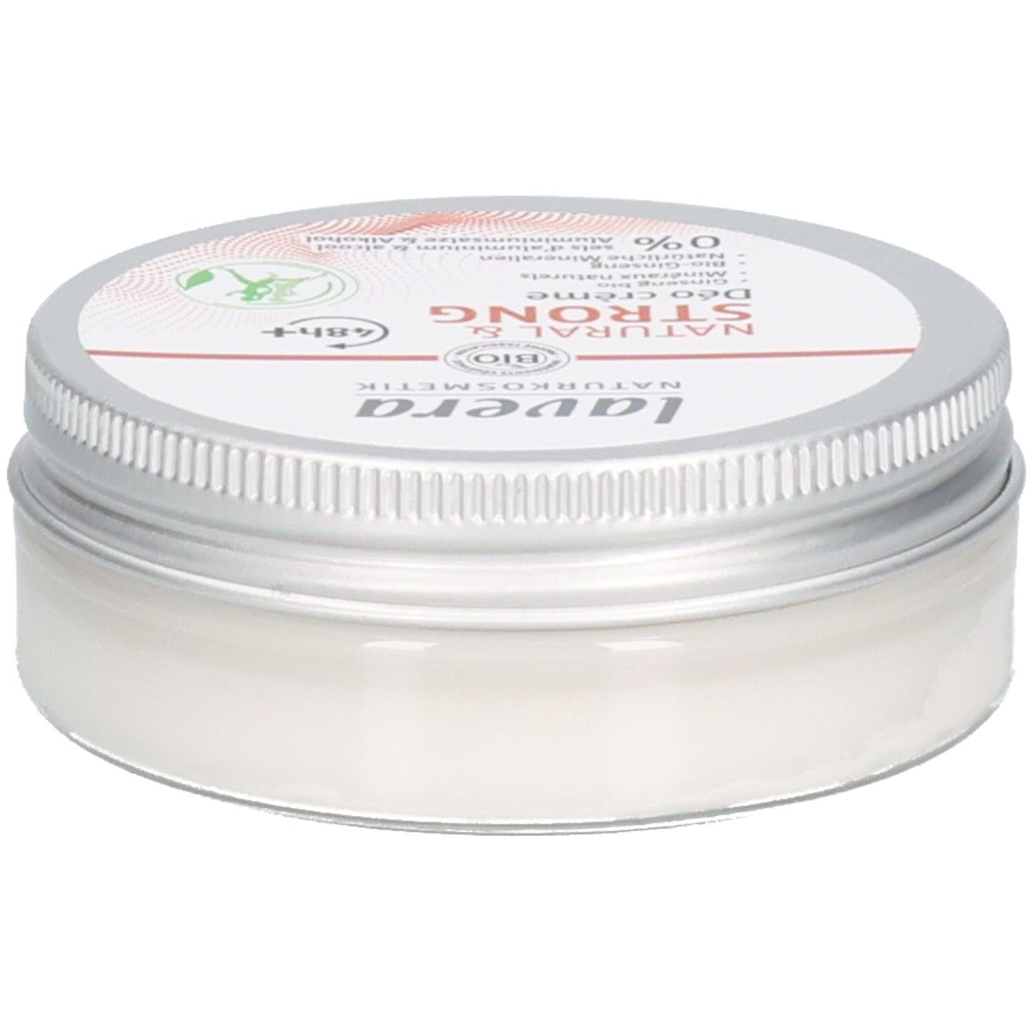 Creme-Deo in Dose mit silbernem Deckel. Aufschrift: lavera, Natural & Strong, Bio-Siegel. Haltbarkeit: 12/2027.