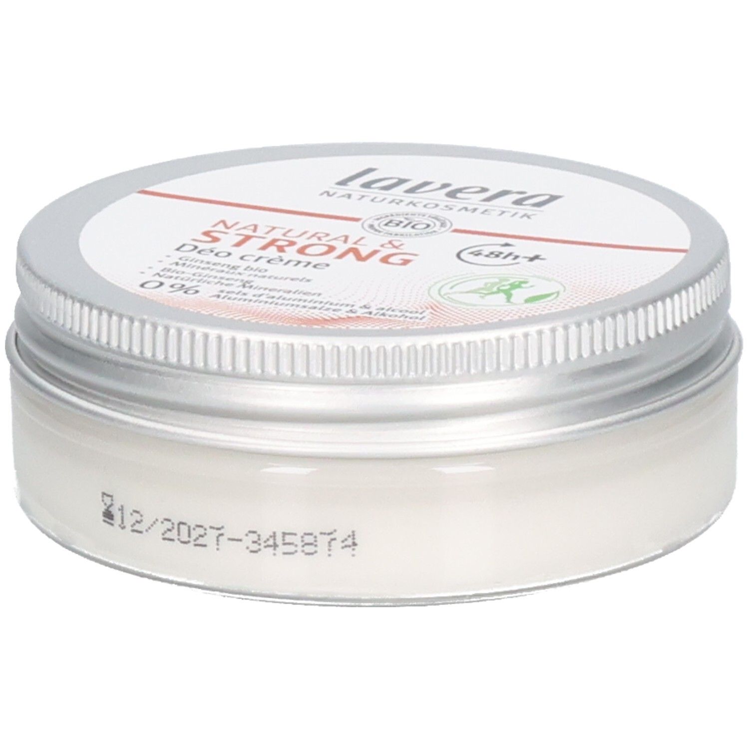 Creme-Deo in Dose mit silbernem Deckel. Aufschrift: lavera, Natural & Strong, Bio-Siegel. Haltbarkeit: 12/2027.