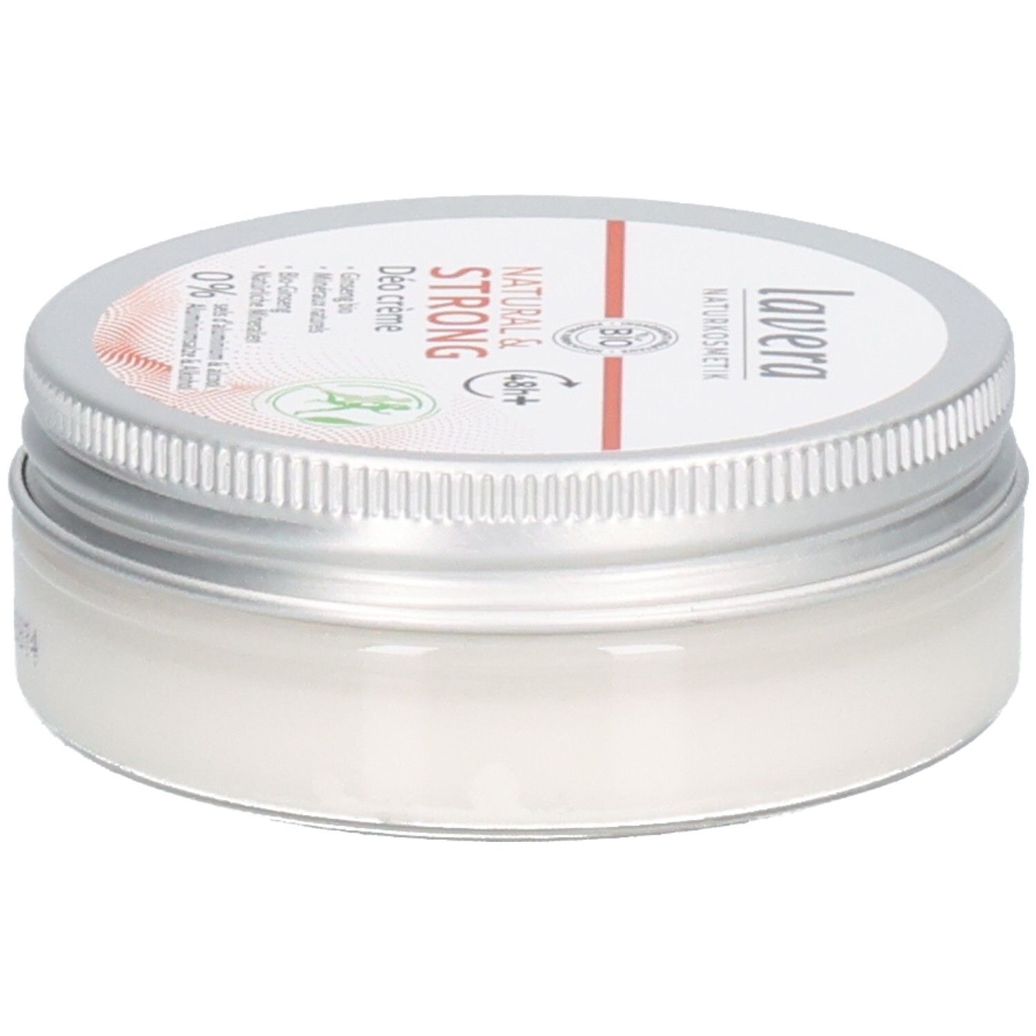 Creme-Deo in Dose mit silbernem Deckel. Aufschrift: lavera, Natural & Strong, Bio-Siegel. Haltbarkeit: 12/2027.