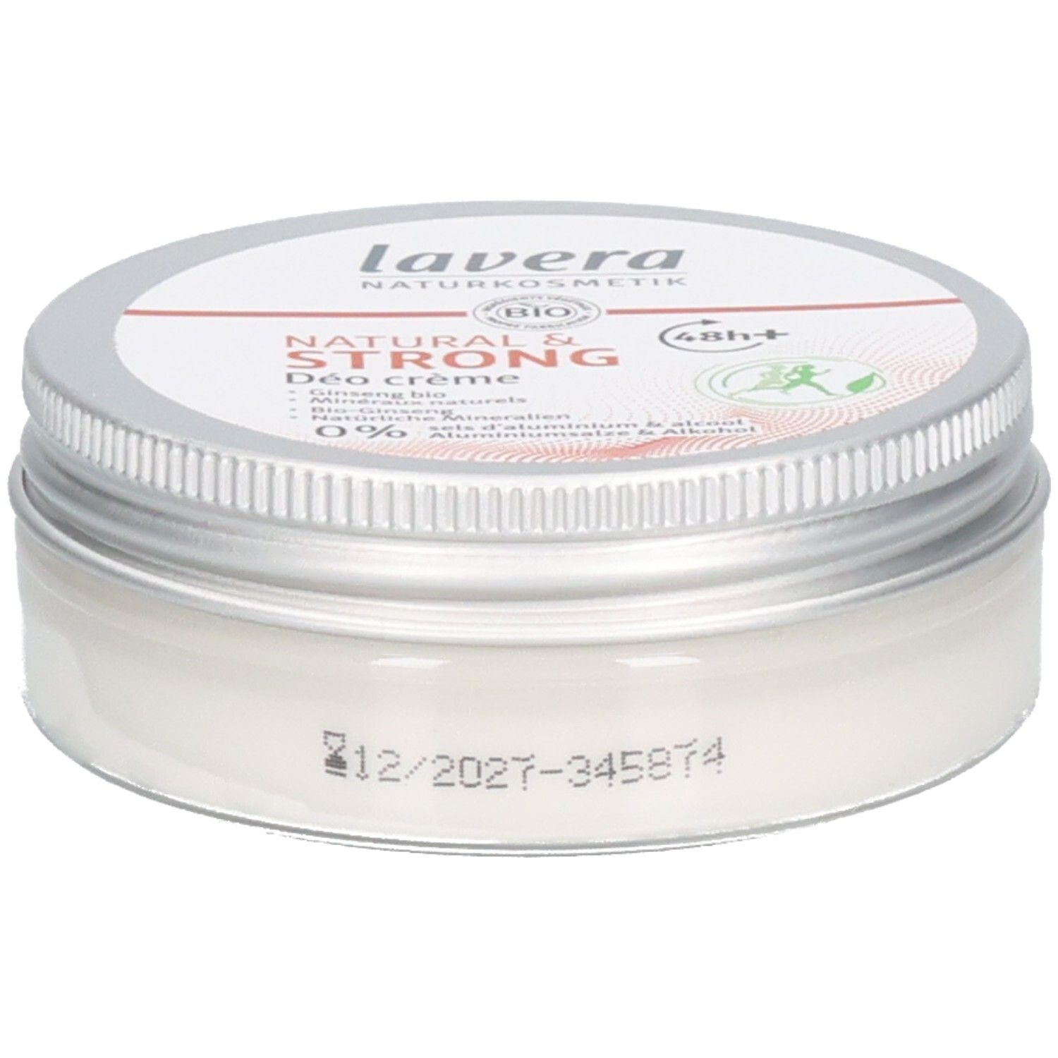Creme-Deo in Dose mit silbernem Deckel. Aufschrift: lavera, Natural & Strong, Bio-Siegel. Haltbarkeit: 12/2027.