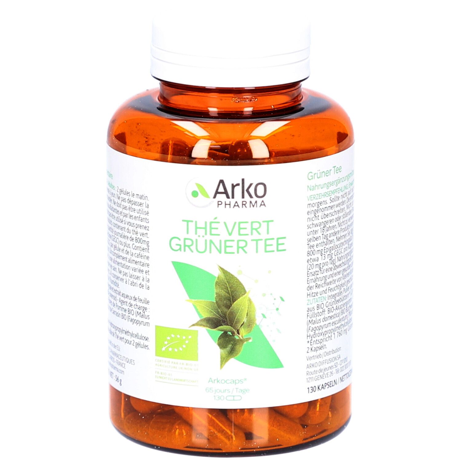 Flacon brun avec bouchon blanc. Inscription: Arko Pharma, Thé Vert, Grüner Tee. Label bio. 130 gélules.
