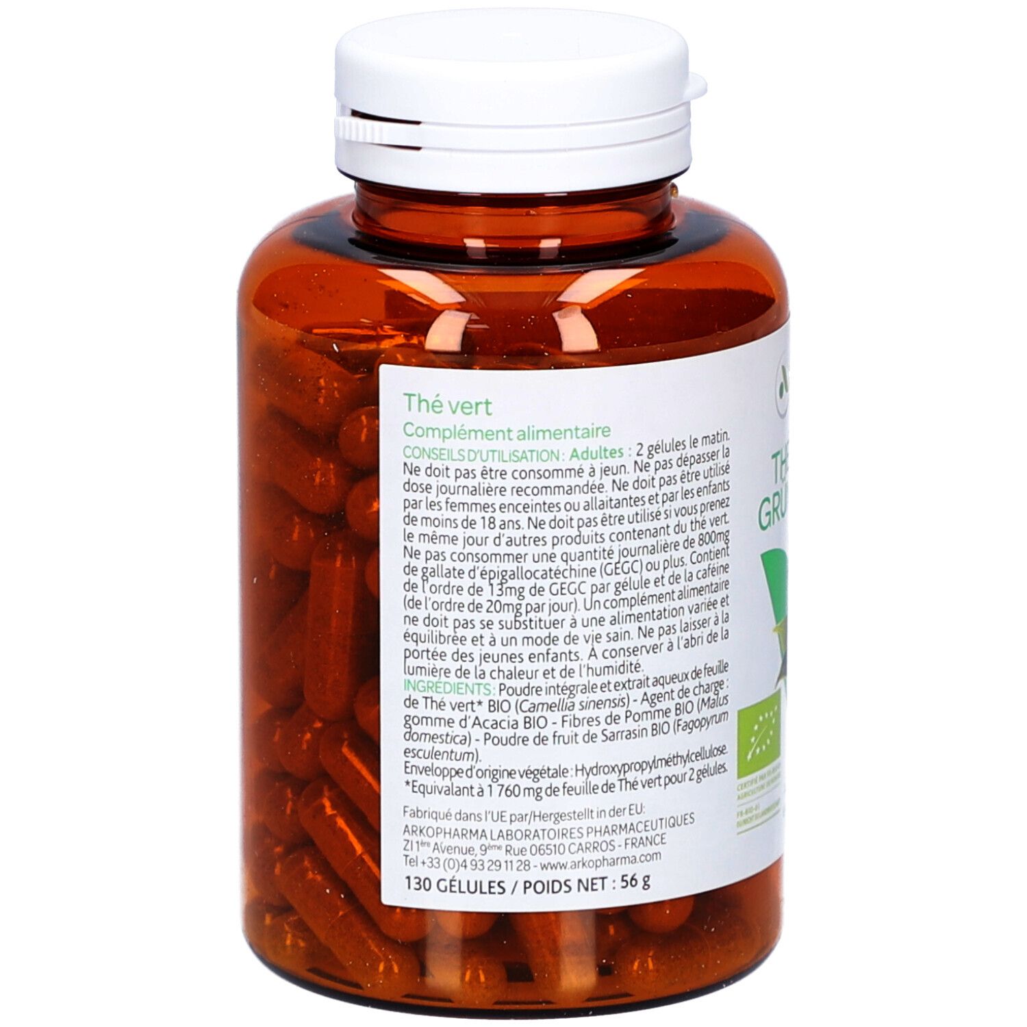 Dos du flacon. Texte: Thé Vert, complément alimentaire. 130 gélules. Ingrédients. Fabriqué en France.