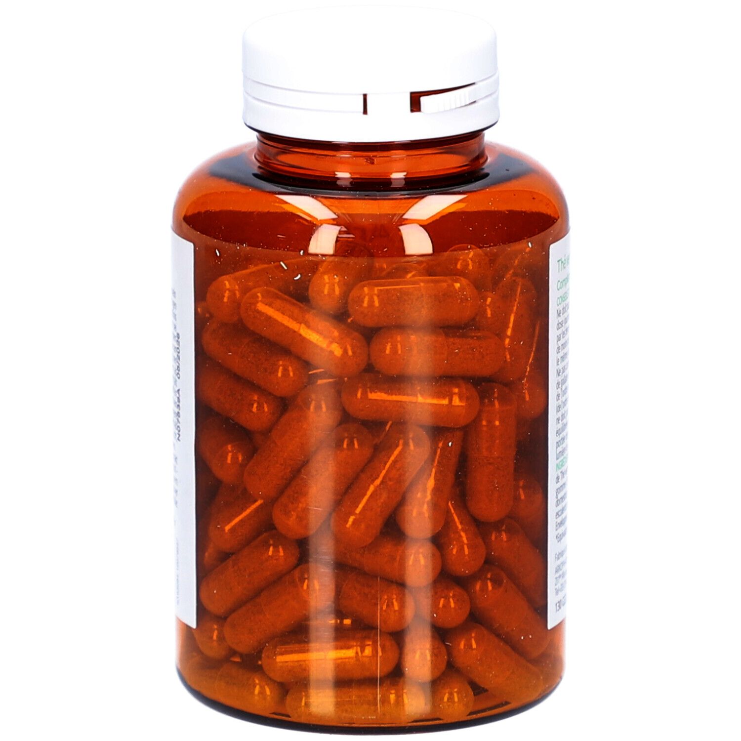 Flacon brun avec bouchon blanc. Gélules visibles. Aucun autre détail.