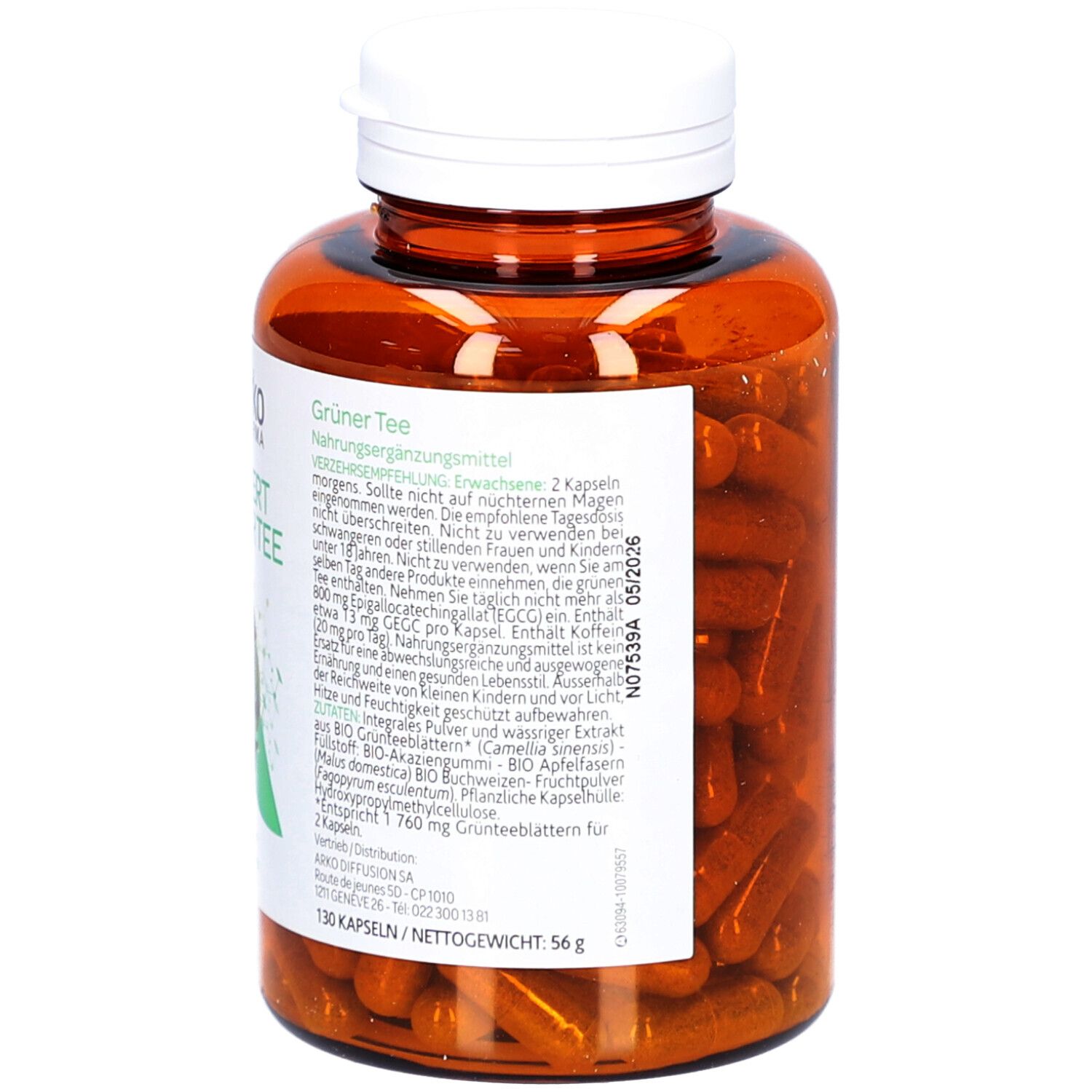 Dos du flacon. Texte: Thé Vert, complément alimentaire. 130 gélules. Date de péremption: 05/2026.