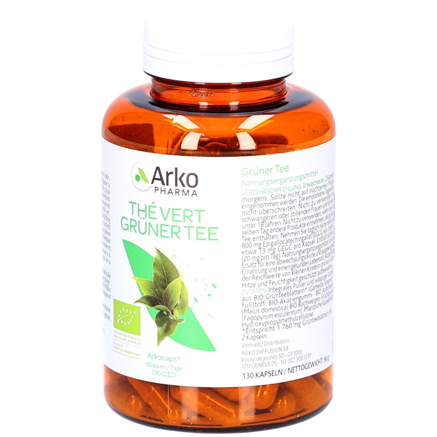 Flacon brun avec bouchon blanc. Inscription: Arko Pharma, Thé Vert, Grüner Tee. Label bio. 130 gélules.
