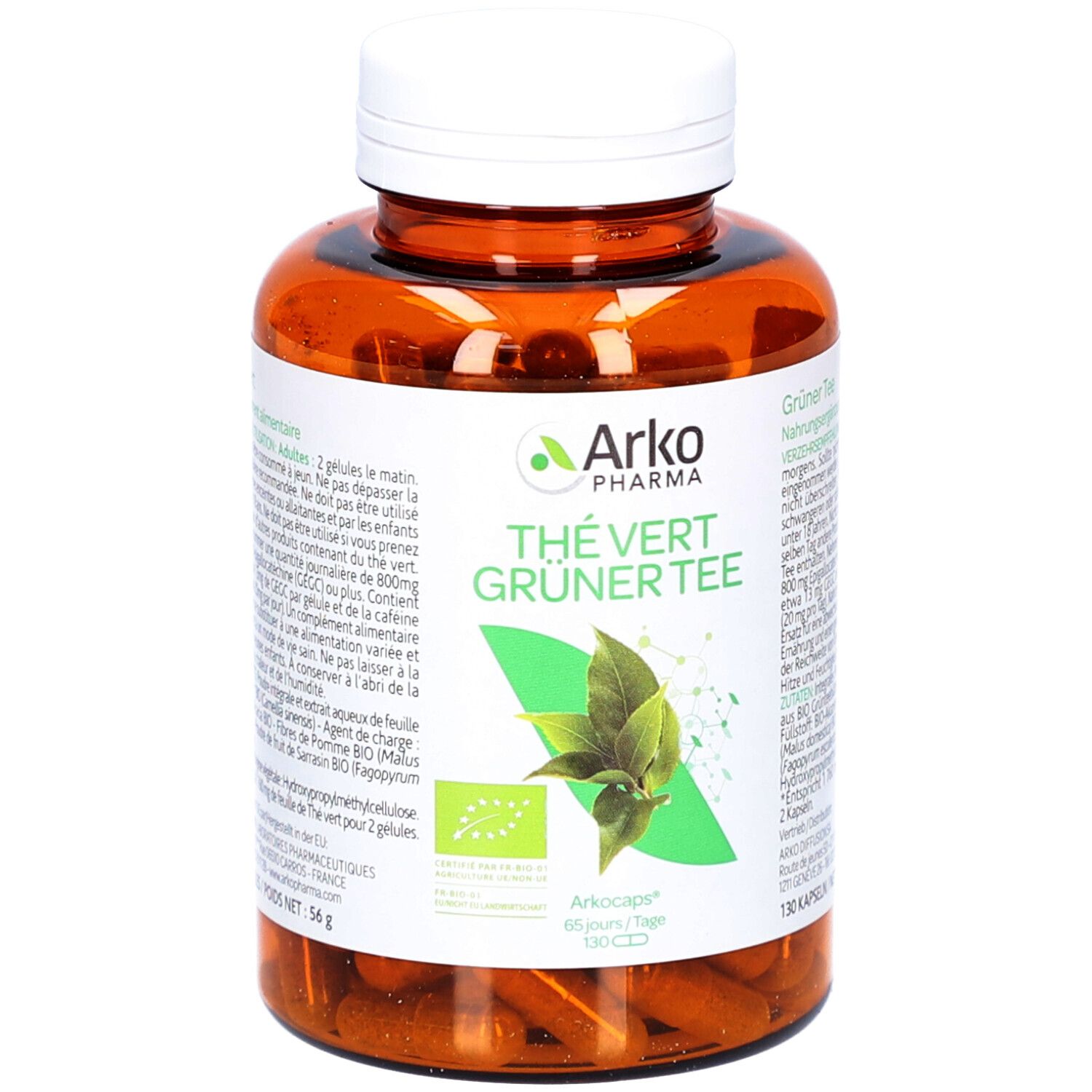 Flacon brun avec bouchon blanc. Inscription: Arko Pharma, Thé Vert, Grüner Tee. Label bio. 130 gélules.